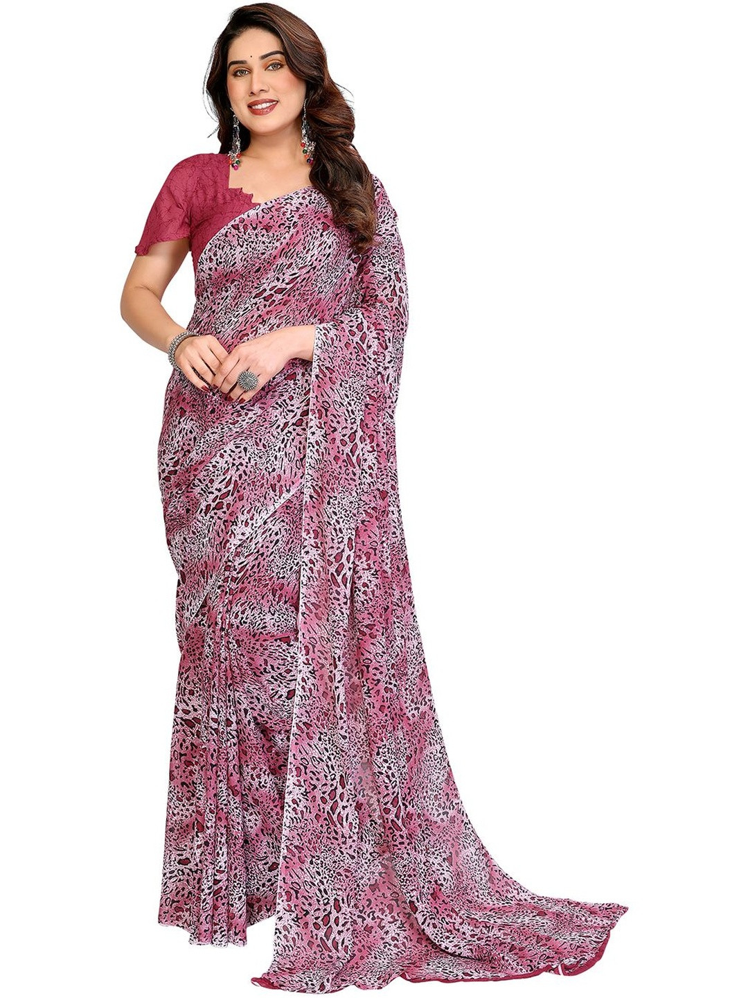 Moda Rapido Women Pink Printed Georgette Saree with Unstitched Blouse Piece