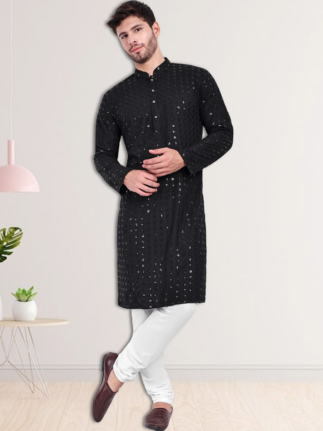 Excent Embroidered Mandarin Collar Thread Work Kurta With Pyjamas
