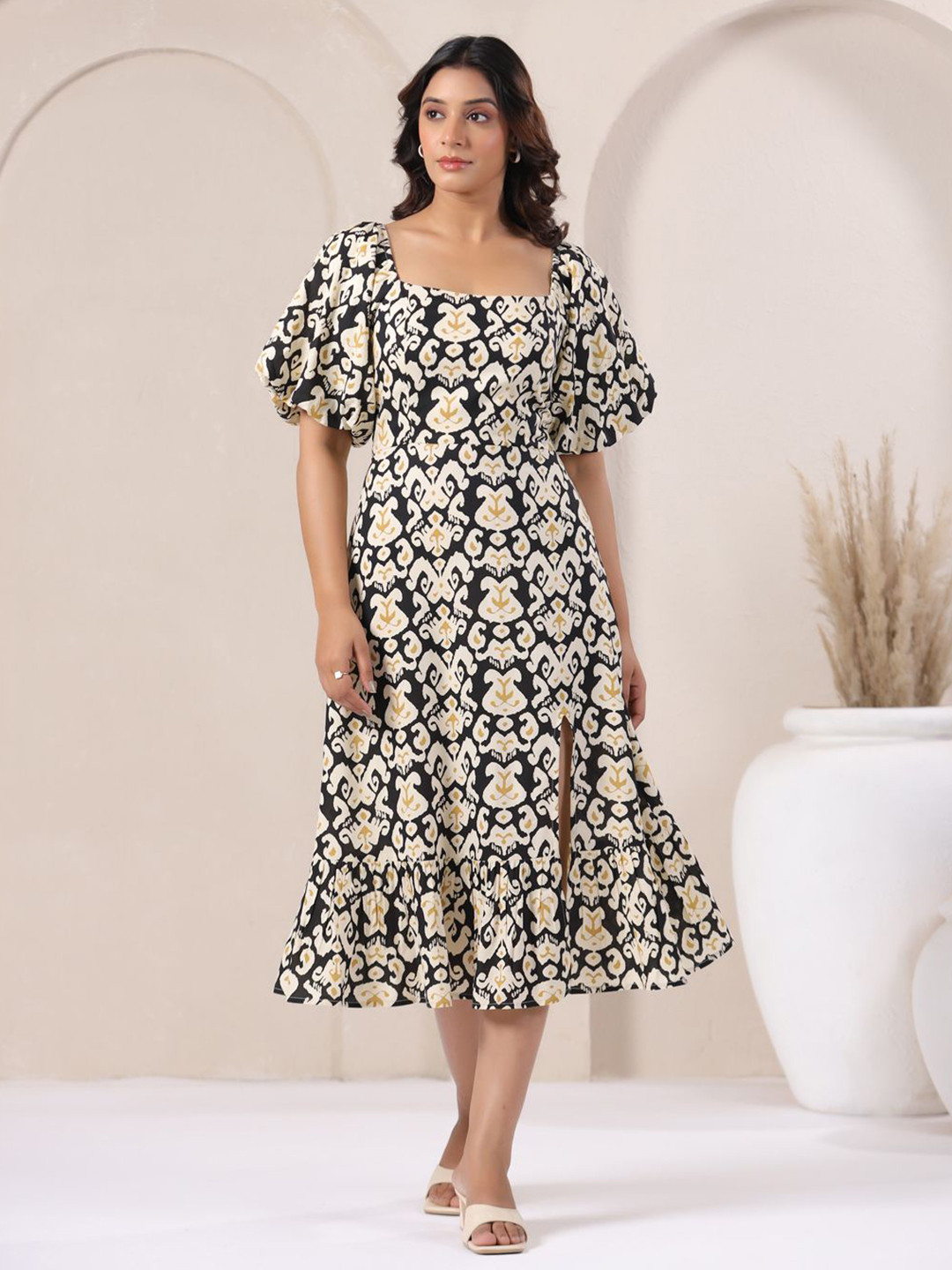 KALAMIR Women Ikat Printed Square Neck Puff Sleeves Fit & Flare Midi Dress With Slit