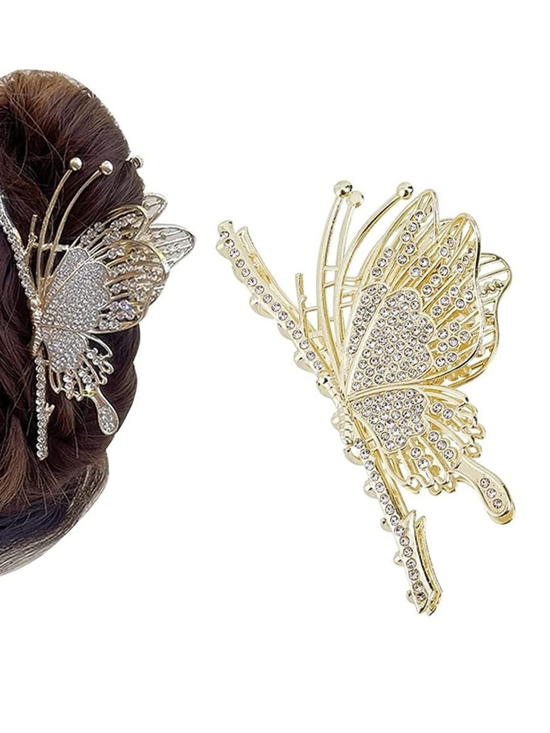 DIVASTRI Women Set of 2 Gold-Toned Rhinestone Butterfly Hair Claw Clip