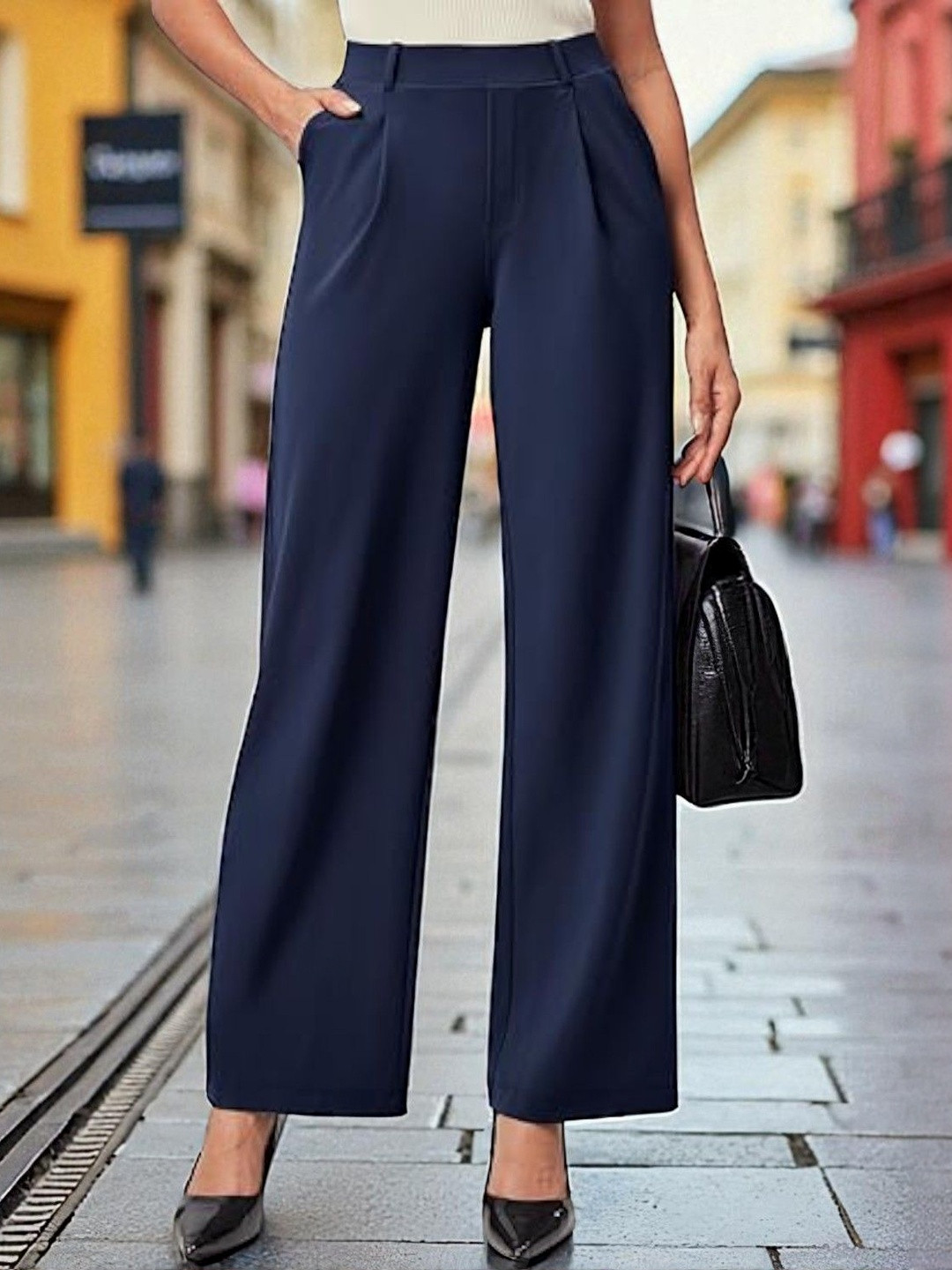 CORSICA Women Navy Blue Polyester Low-Rise Trousers