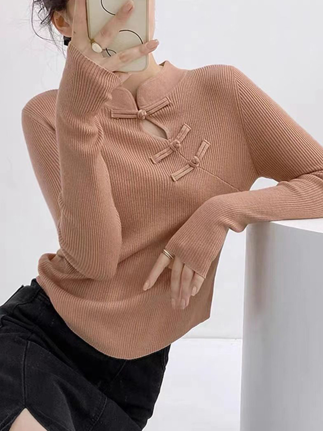 StyleCast Women Ribbed Mock Collar Cotton Pullover And Frog Closures