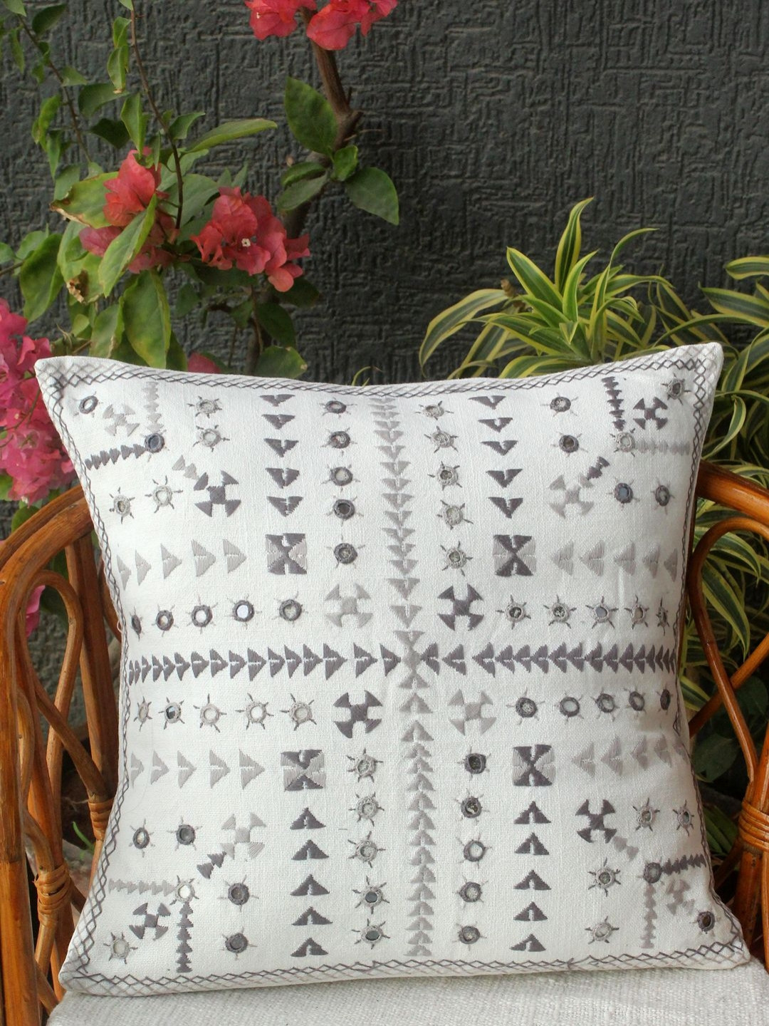 Weaves of Tradition Off White And Grey Ethnic Motifs Square Cotton Cushion Cover