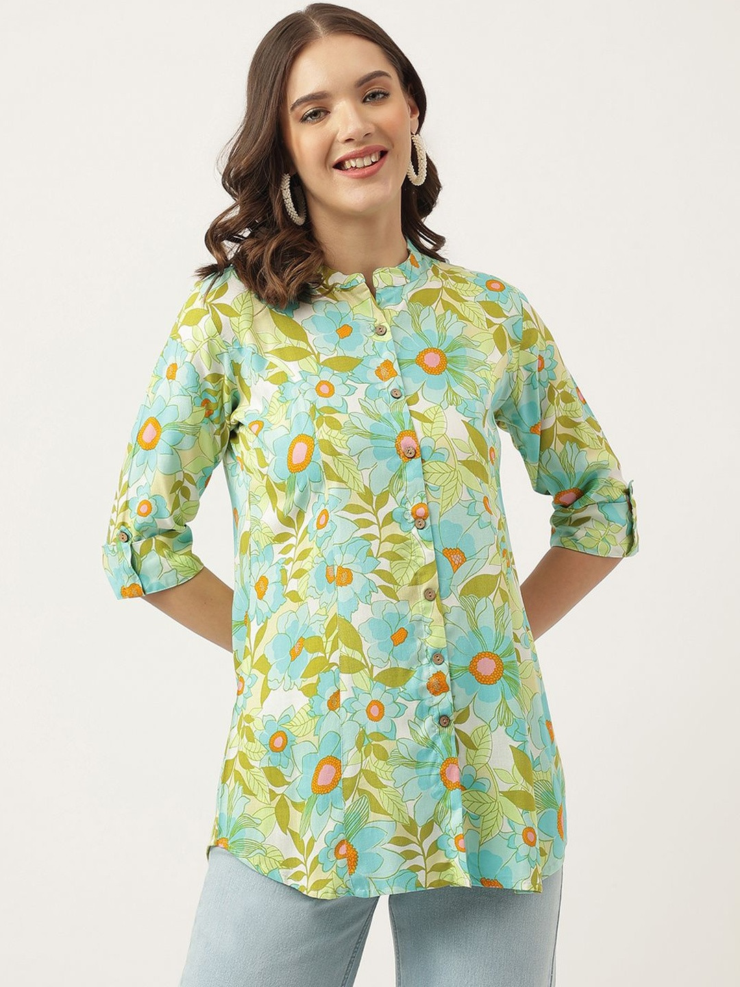 KALINI Women Green Floral Printed Rayon Shirt Style Top