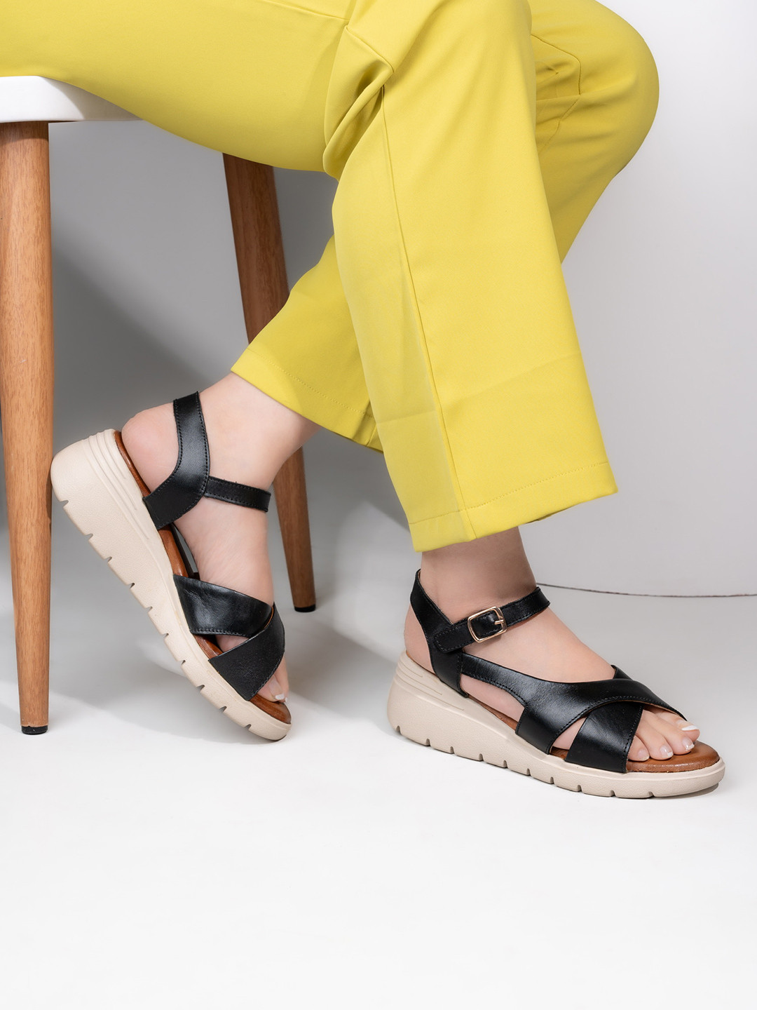Delize Striped Leather Wedge Sandals with Buckles