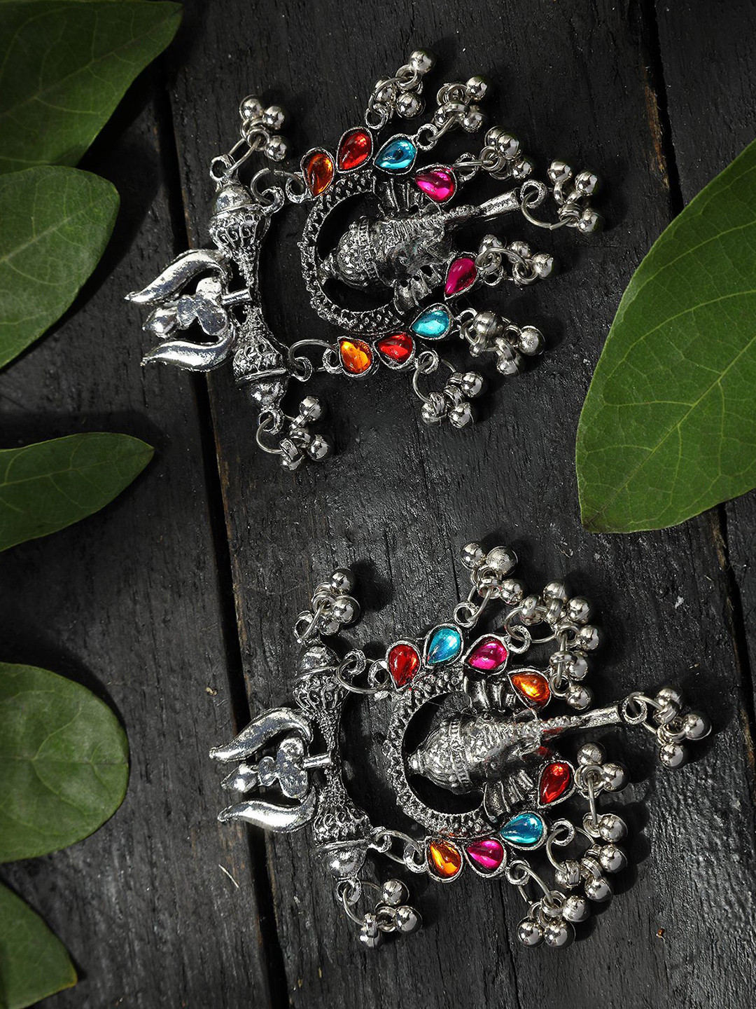 JOHARKAMAL German Silver Pated Kundan Studded Lord Ganesha Temple Drop Earrings