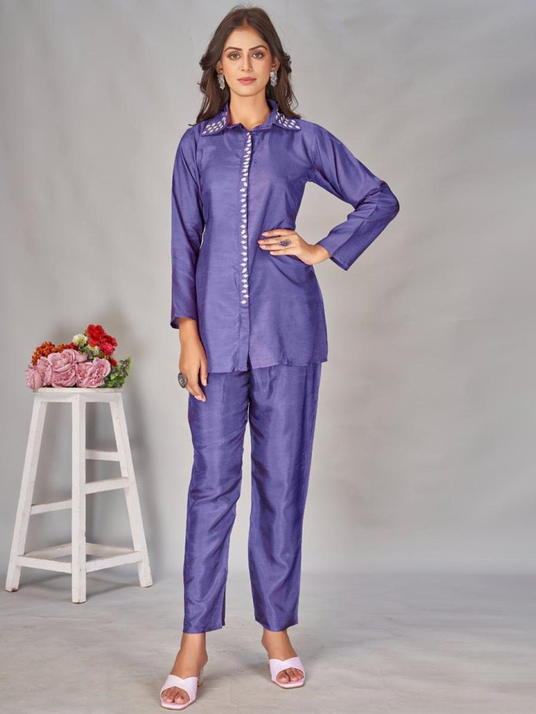 AUTUMN LANE Women Divya Thistle Full-Work Shirt Collar Shirt With Trouser Co-Ords