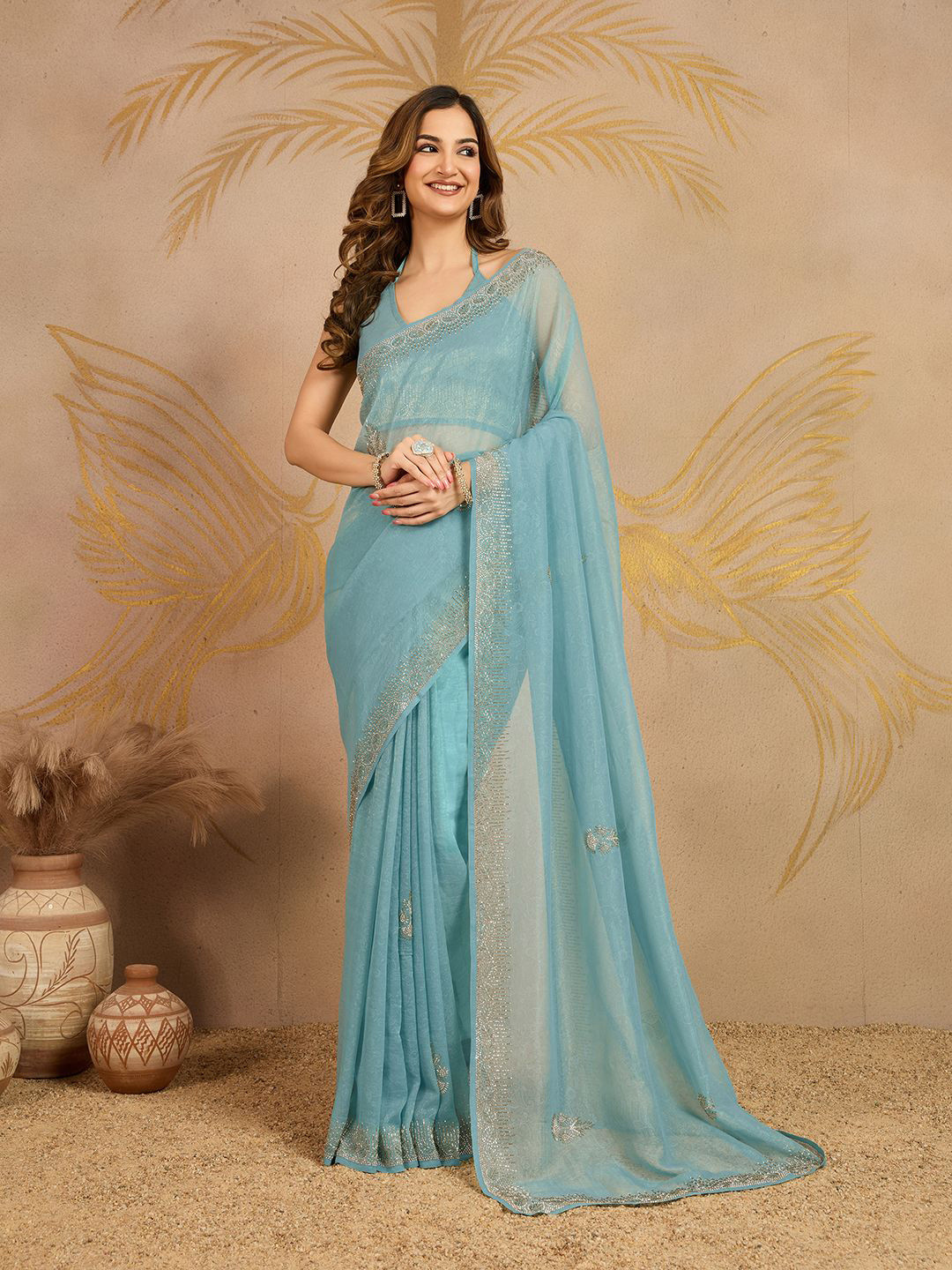 Trendmalls Women Art Silk Sirowski Work Saree with Unstitched Blouse Piece