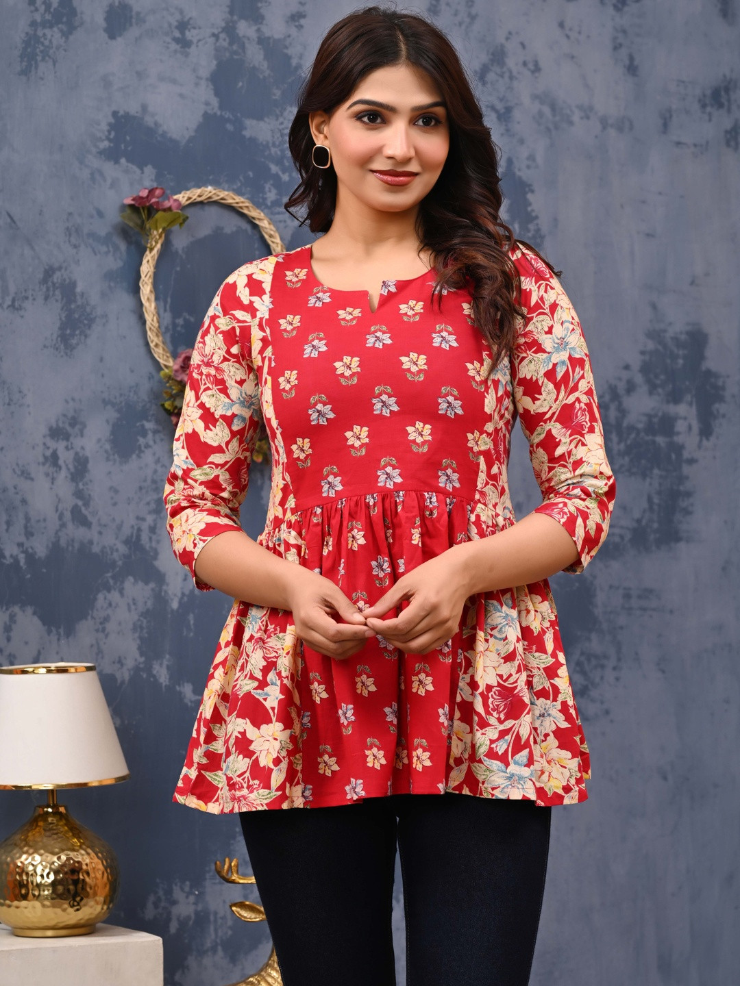 LABEL ADRIJA Women Red Double Printed Cotton Pleated Anarkali Short Kurti Top