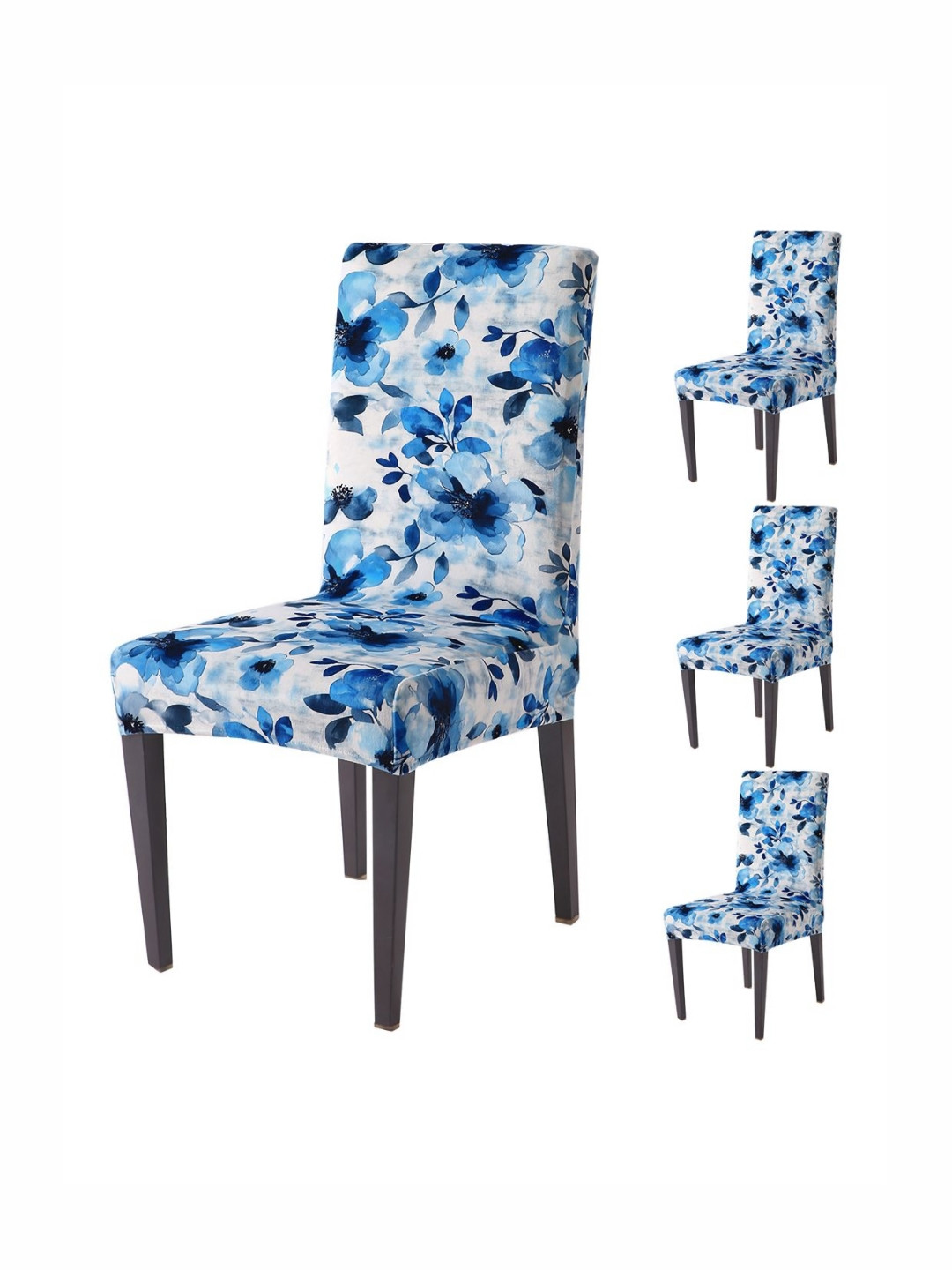 HOKIPO Set Of 4 Blue & White Printed Velvet Chair Covers