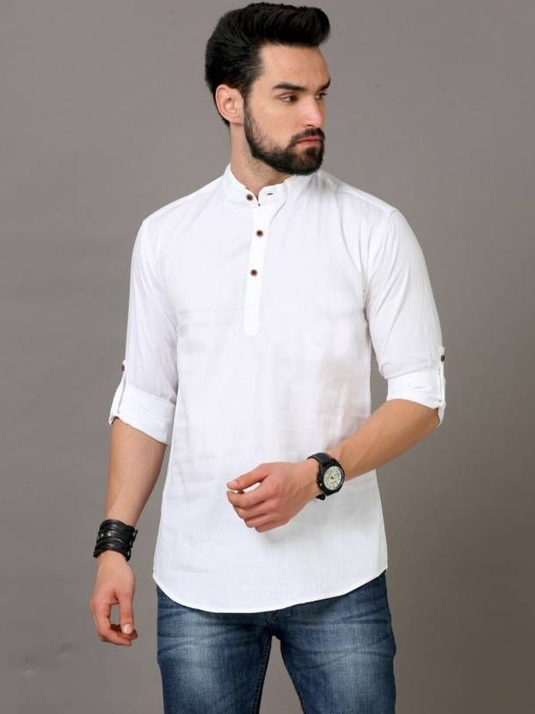 Eleni Trendz Men Solid Mandarin Collar Shirt Style Kurta