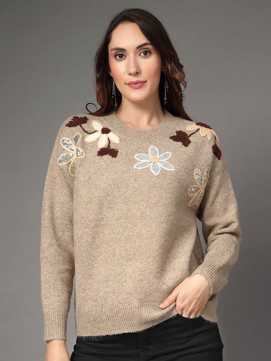Mafadeny Women Solid Wool Top with Floral Embroidered Neck