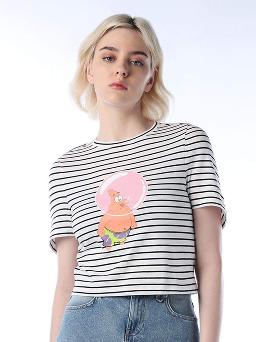 ONLY Women Spongebob Striped Round Neck Pure Cotton T-shirt