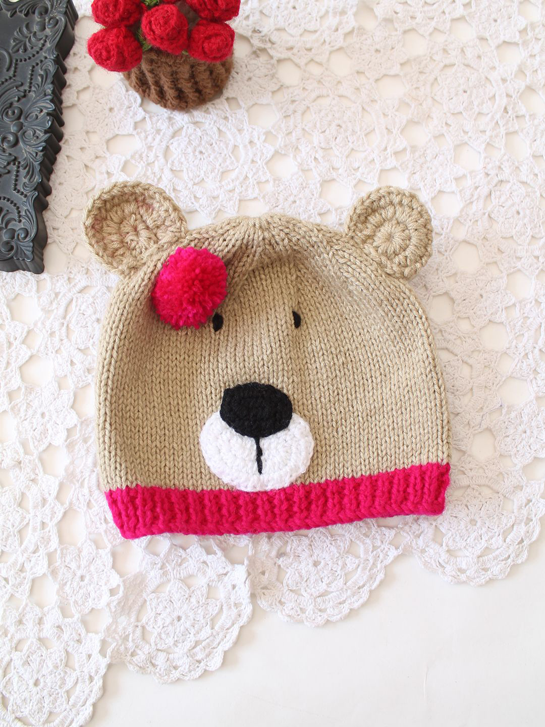 Woonie Kids Embroidered Teddy Bear with Pom Pom Beanie