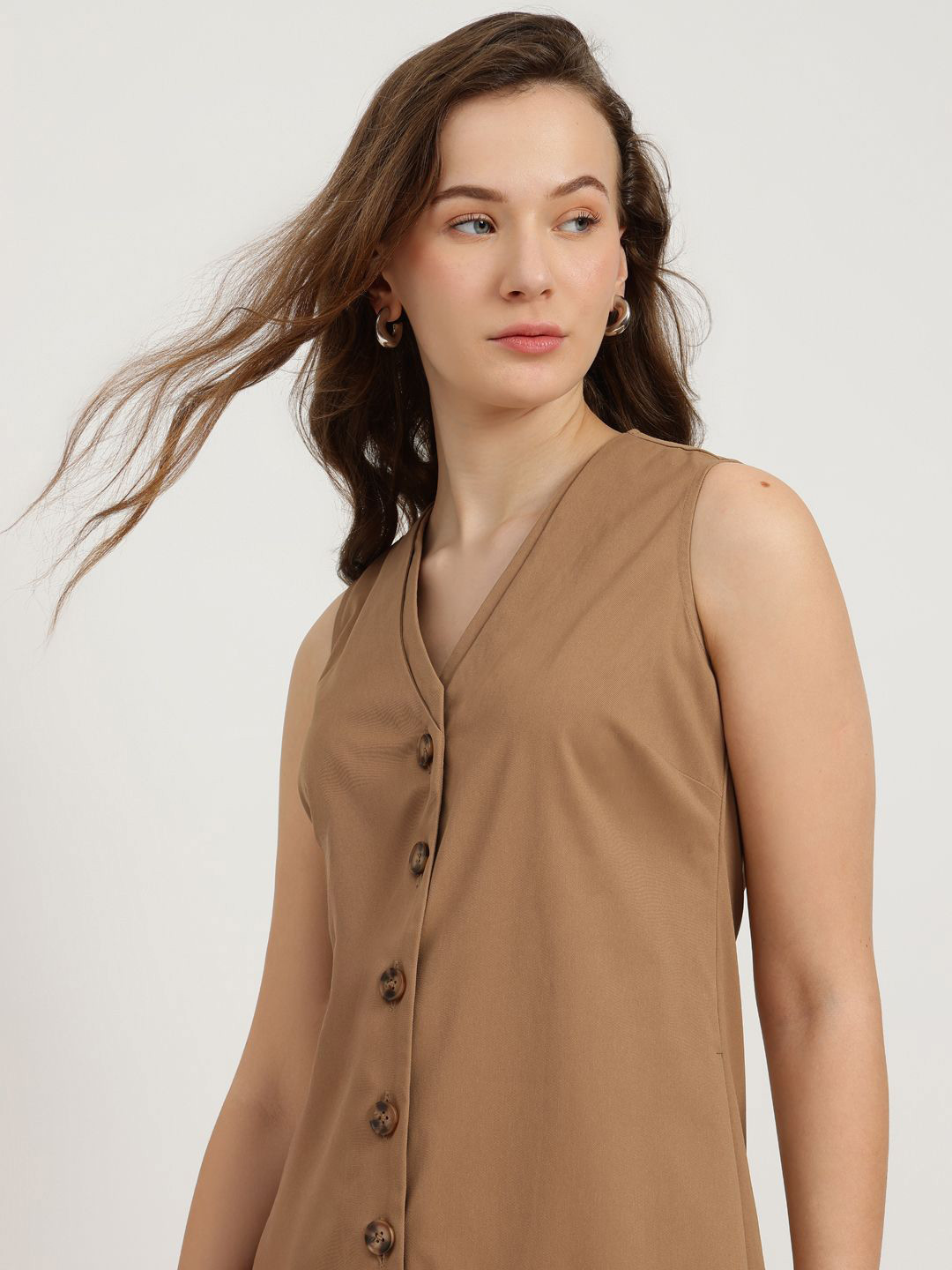 FableStreet Camel V Neck A-Line Midi Dress