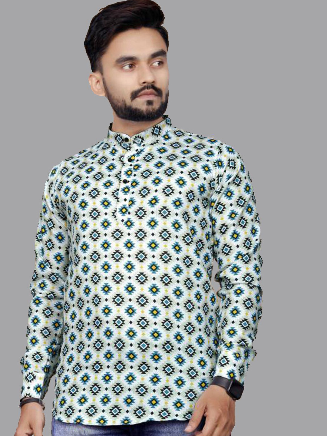 Silver Buck Men Printed Band Collar Short Kurta