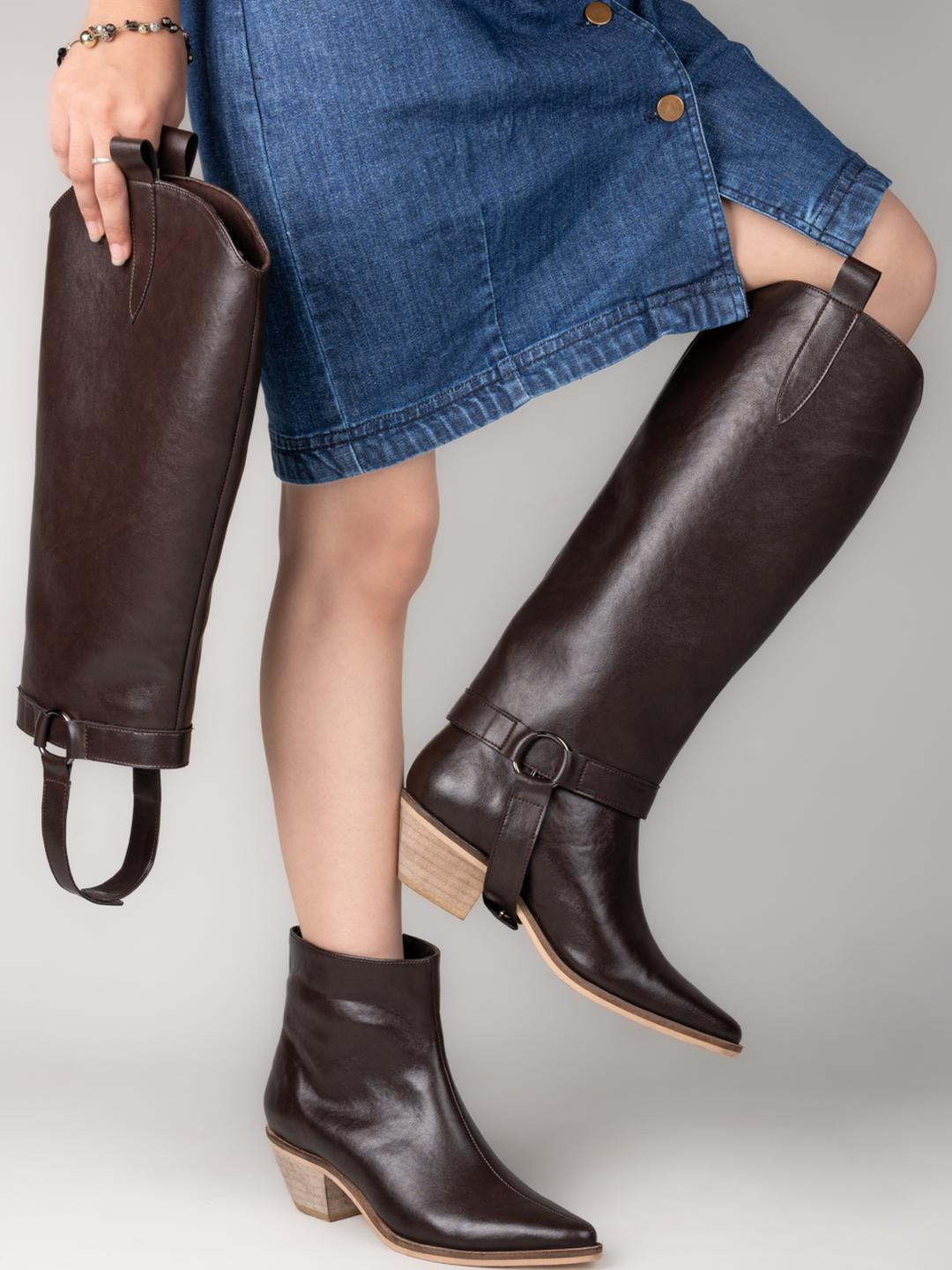 Roadster Women 2 in1 Calf-Length Leather Finish Detachable Ankle-Knee Boots