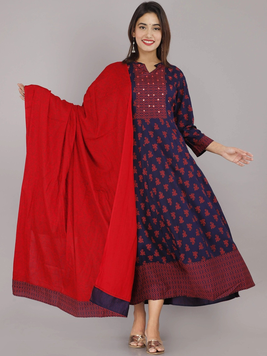 HARITWAL Women Blue Printed Viscose Rayon Regular Kurta With Dupatta