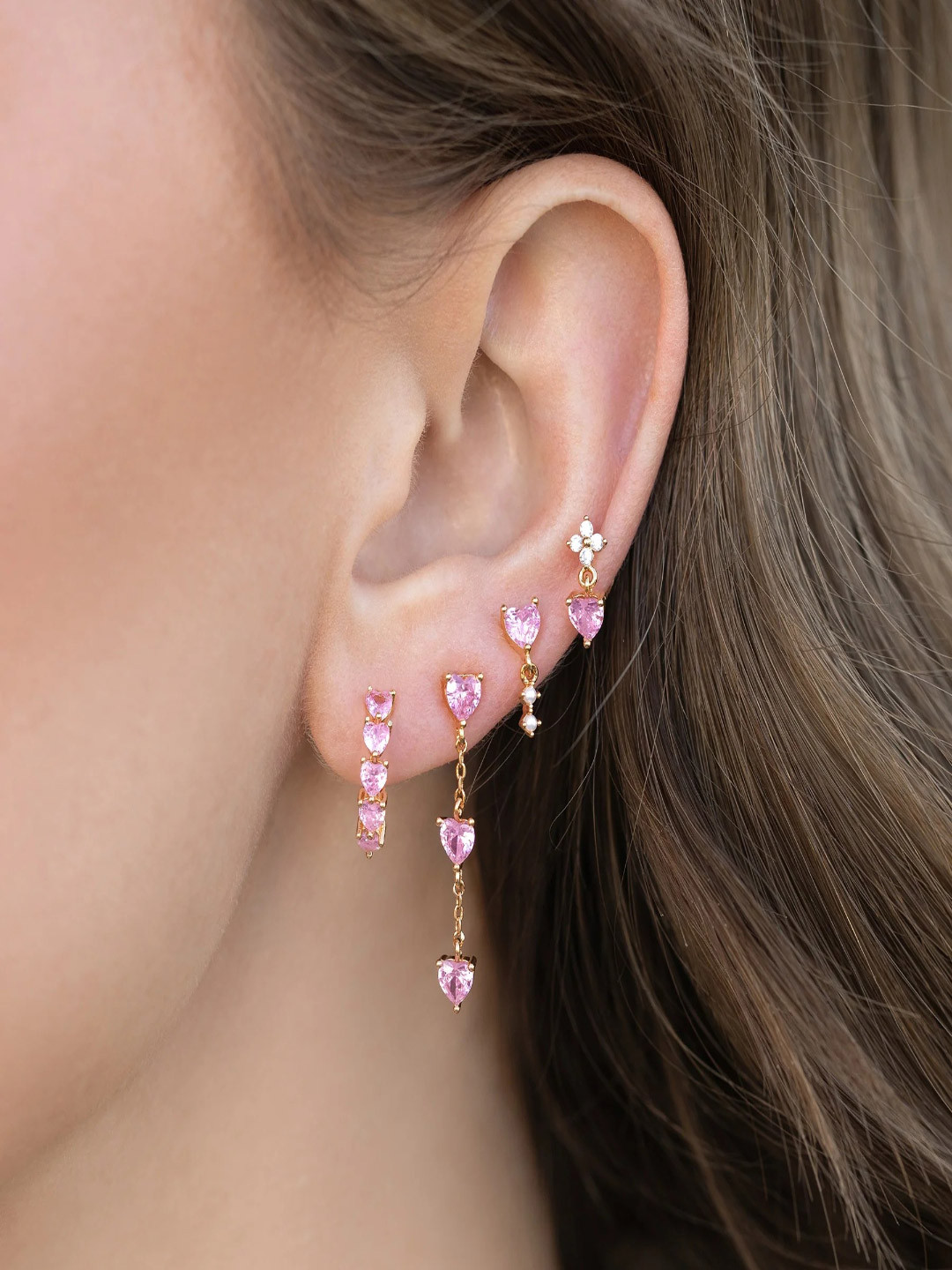 AQUASTREET Set of4 18K Plated Antitarnish Pink Heart Zircon Single-Ear Earrings Set