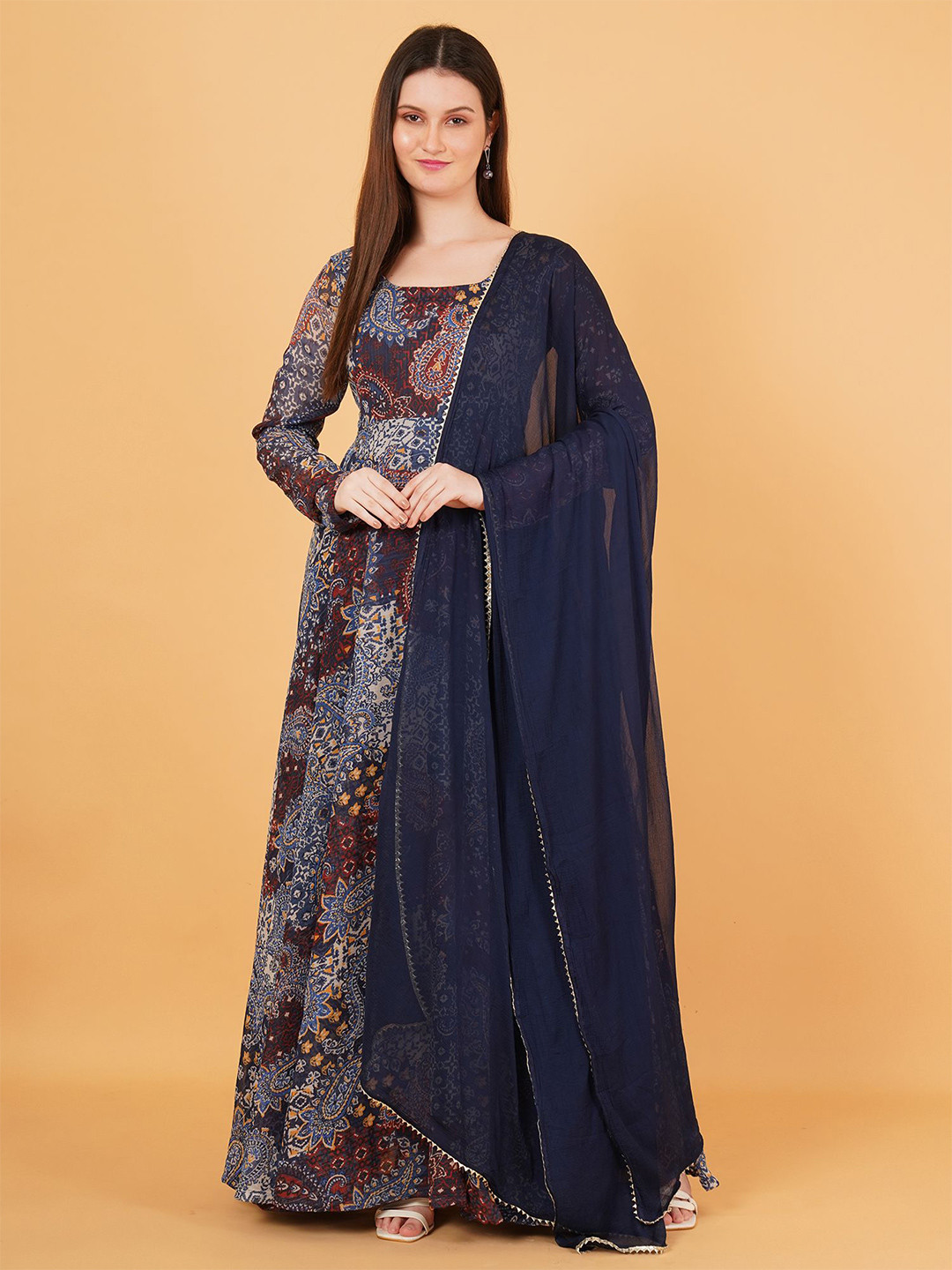 M FASHION Women Floral Print Chiffon Maxi Dress  with Dupatta