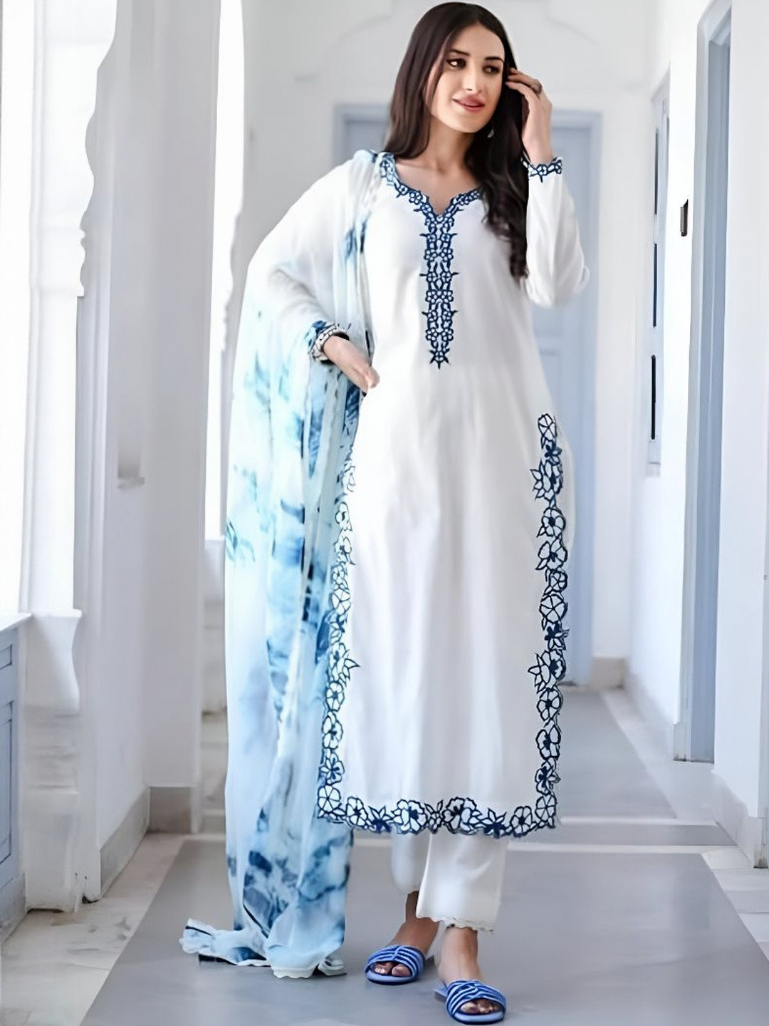 KALINI White Rayon Embroidered Kurta Set with Chinon Dupatta