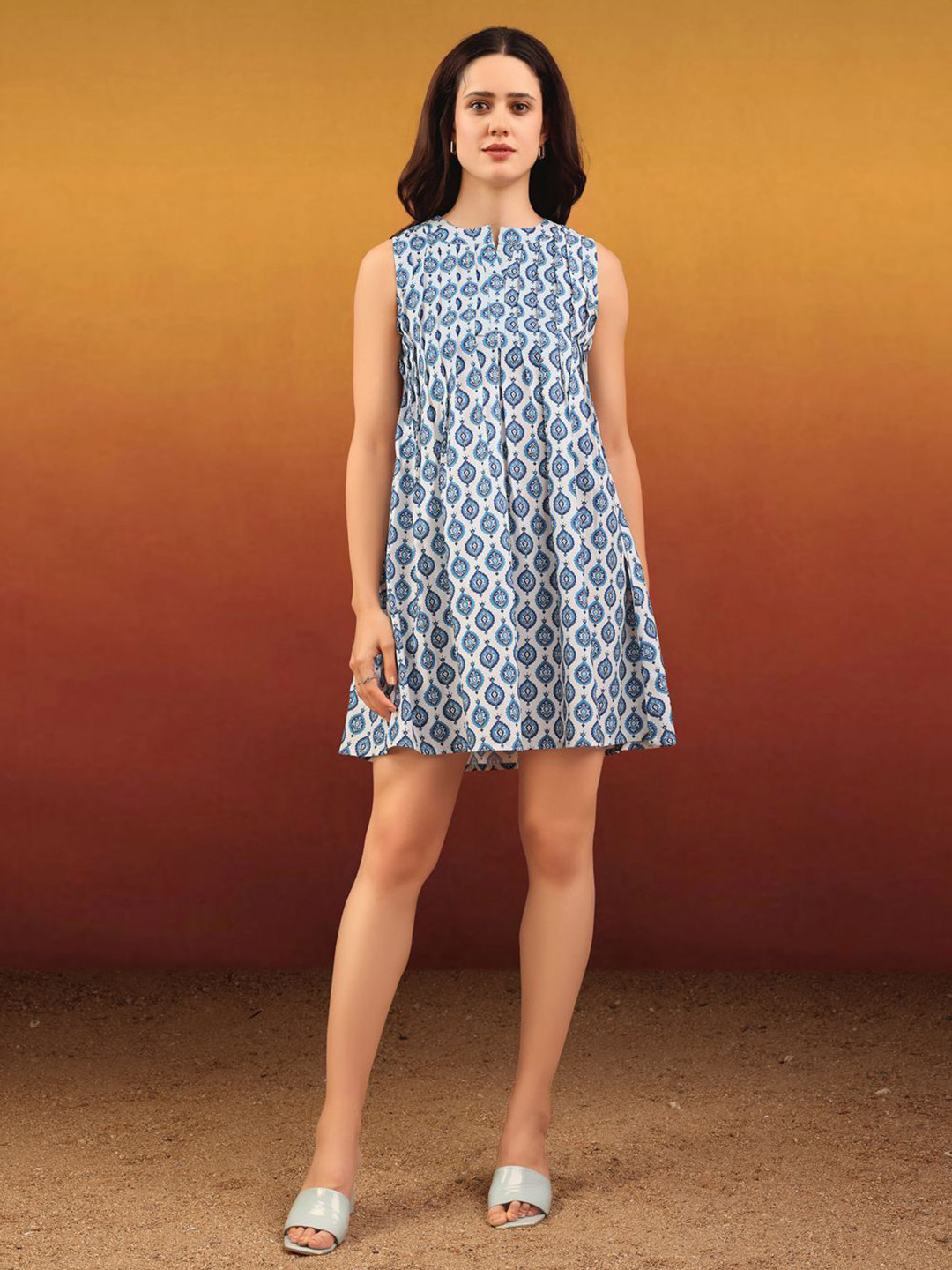 PURVAJA Ethnic-Fusion Feel Women Geometric Printed Gathered Round Neck Cotton A-Line Dress