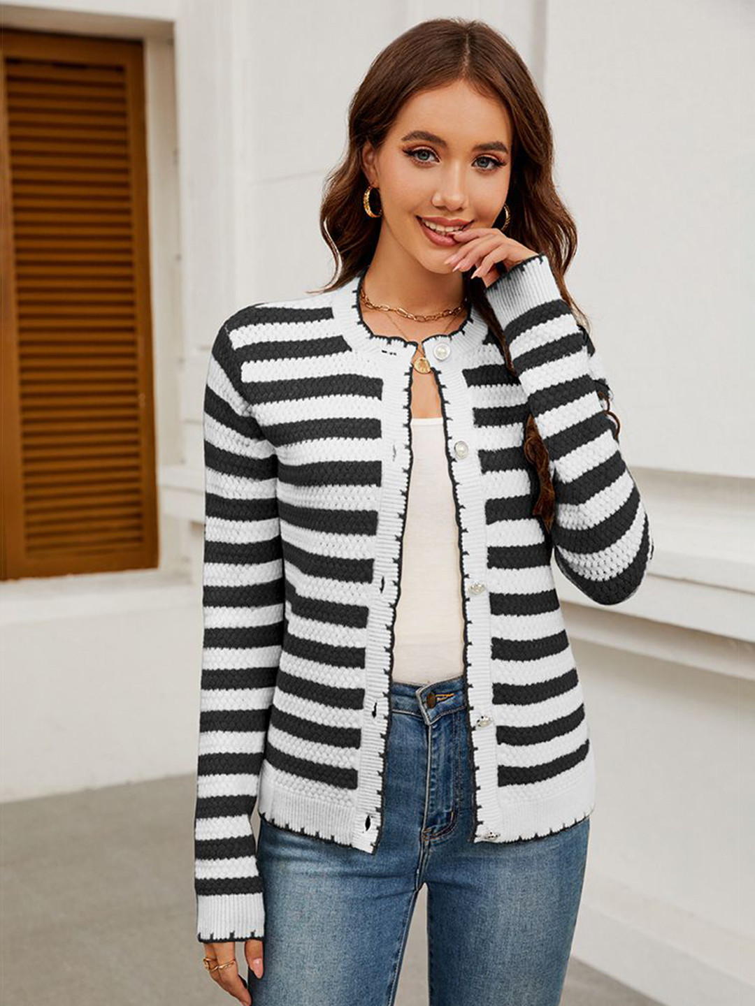 all about you Women Striped Long Sleeves Cardigan