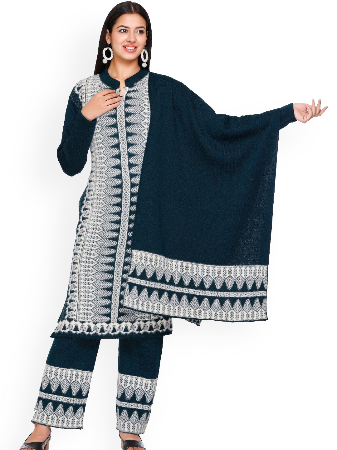 The Zigar Studio Self Design Mandarin Collar Straight Kurta With Palazzos & Dupatta