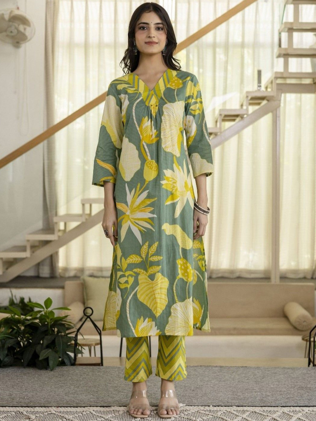 AUTUMN LANE Mahua Basil Floral Printed V-Neck Pure Cotton Straight Kurta With Trouser
