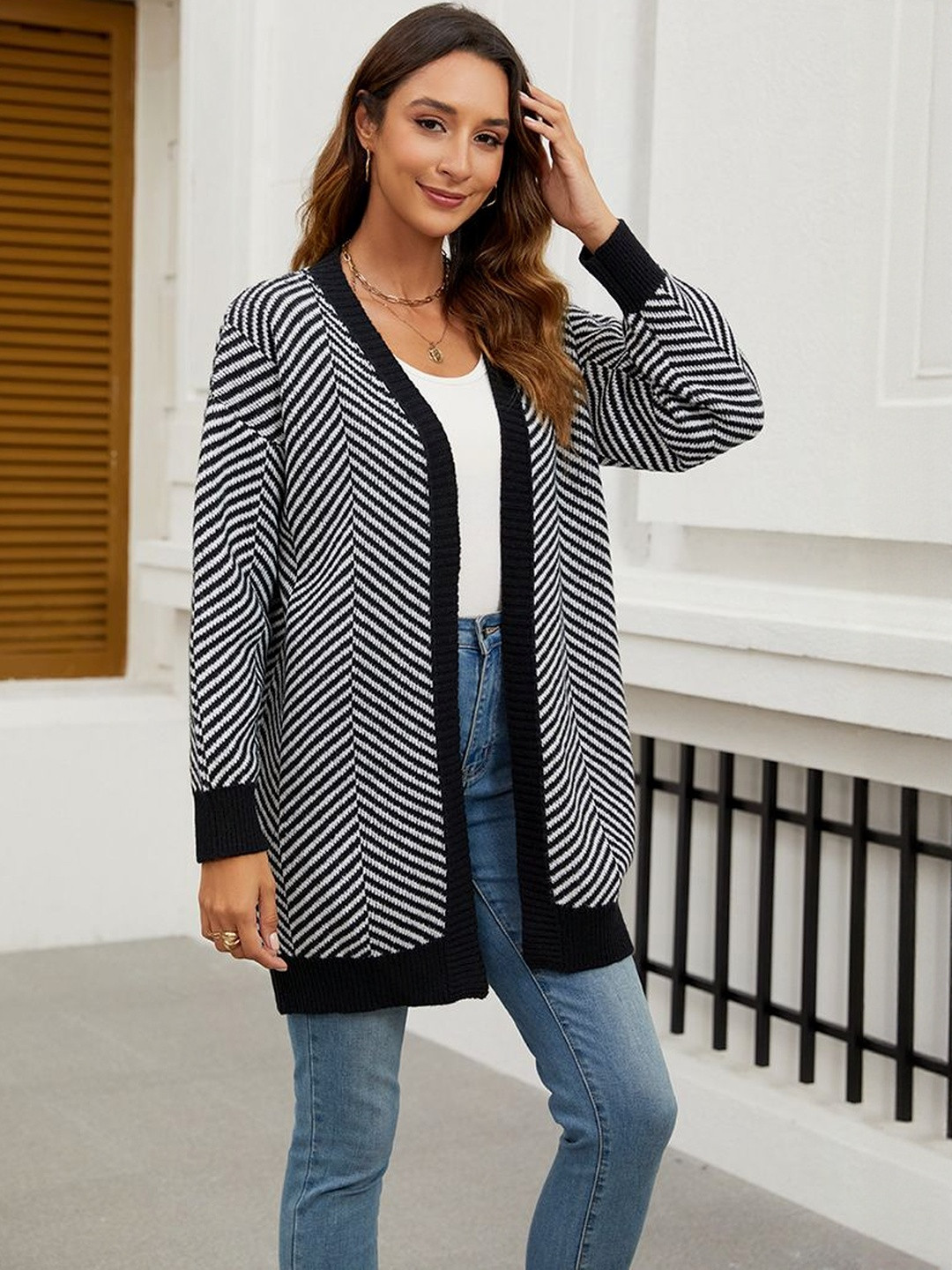 HERE&NOW Women Black and White Striped Longline Shrug