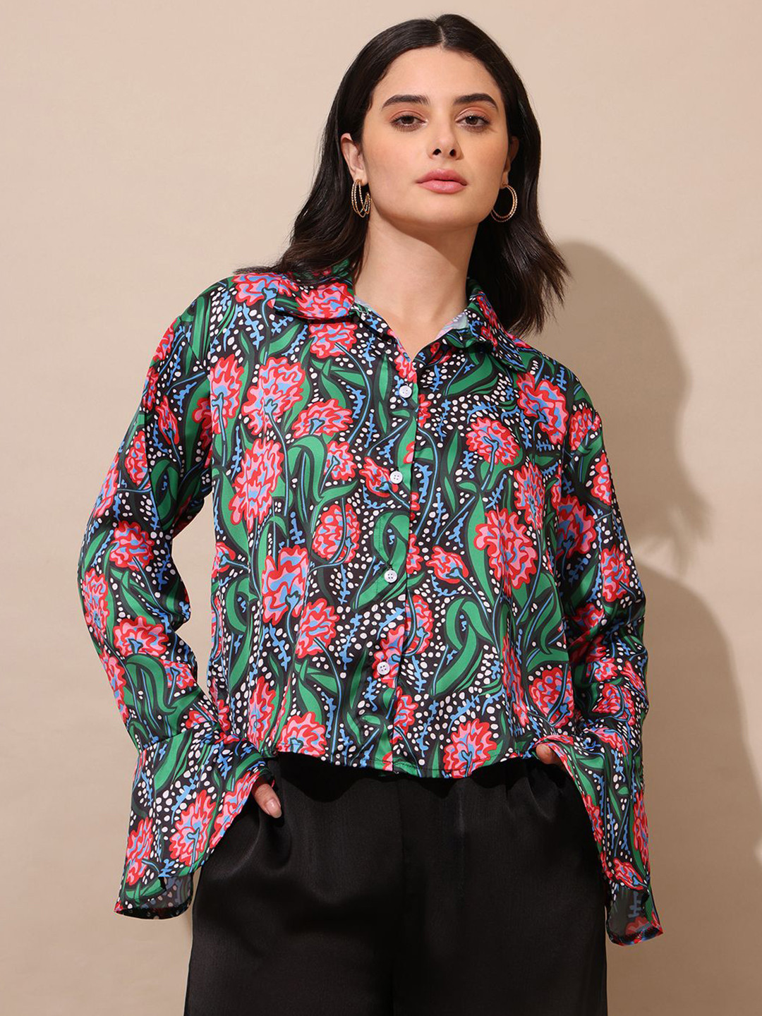 PURVAJA Women Floral Printed Sheen Satin Shirt Style Top
