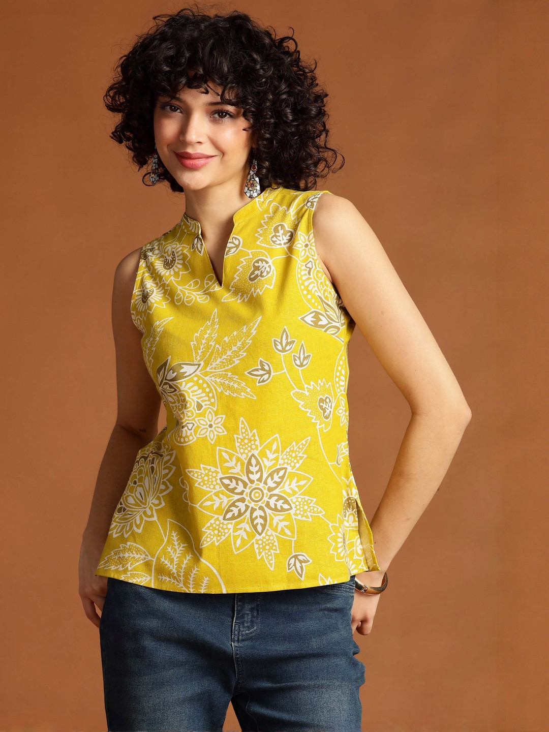 Anouk Women Yellow Floral Printed Mandarin Collar Sleeveless Tops
