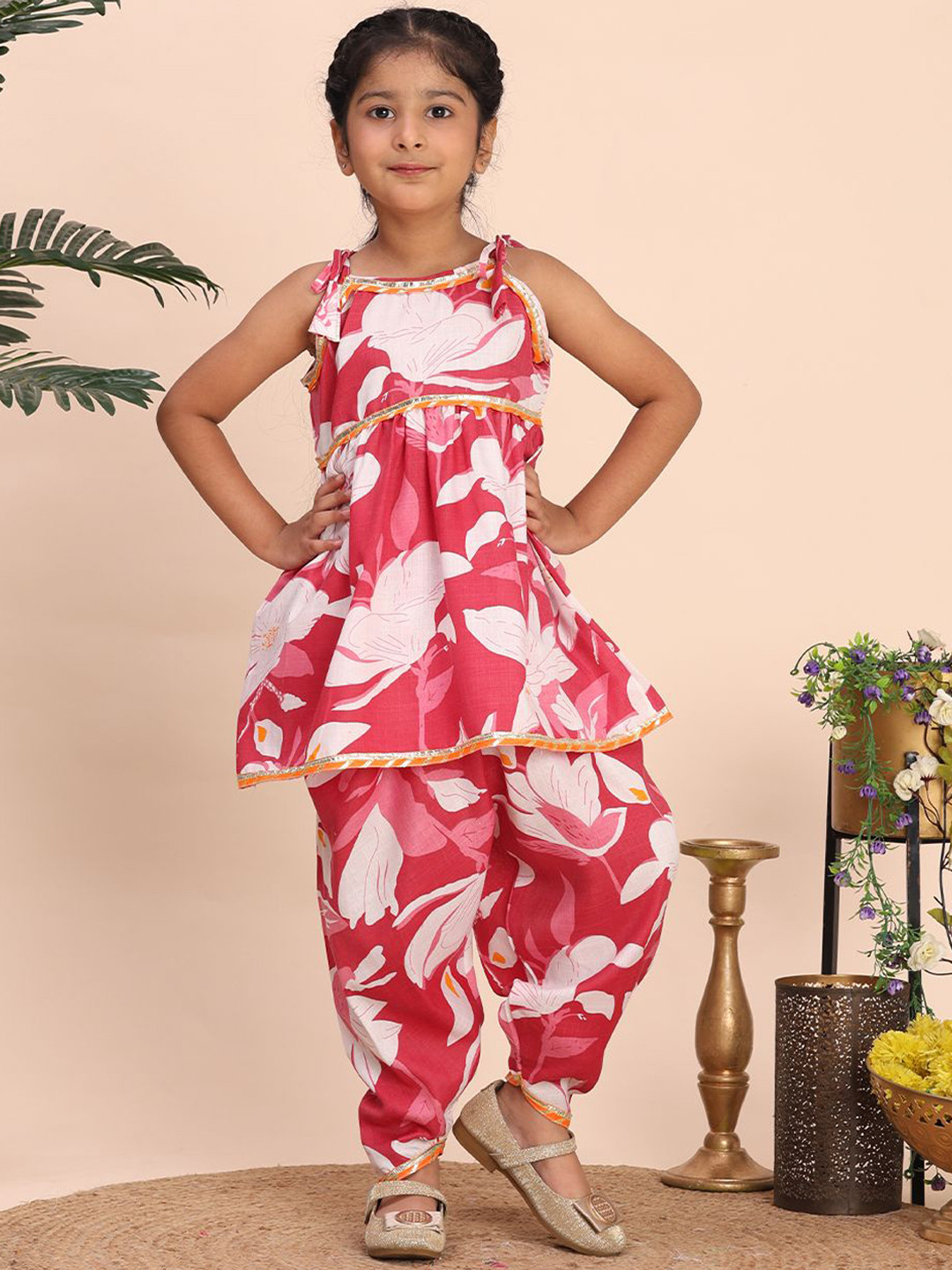 Cutiekins Girls Floral Printed Shoulder Straps Gotta Patti A-Line Kurta With Dhoti Pants
