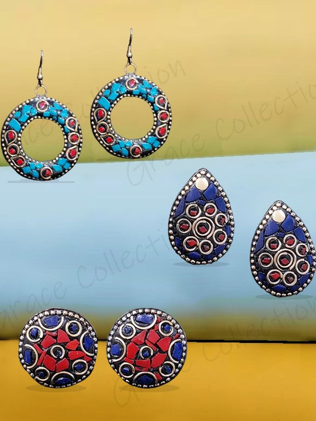 Grace Collections  Women Pack of 3 Blue & Red Copper Earrings