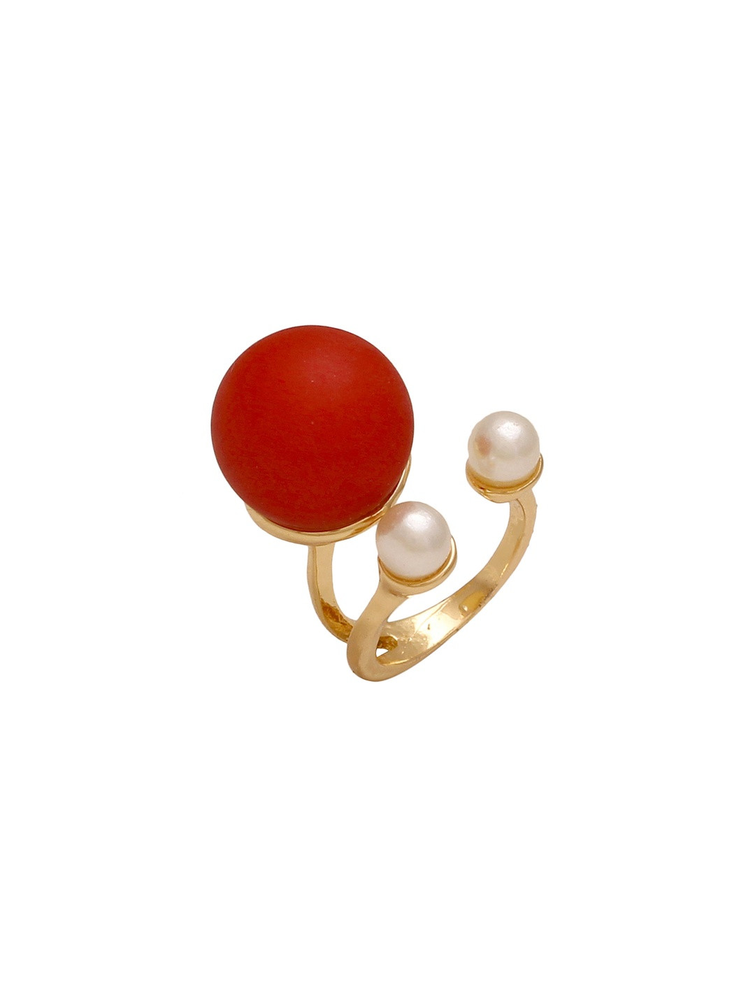 Missmister Women Gold Plated Pearl & Red Ball Free Size Ring