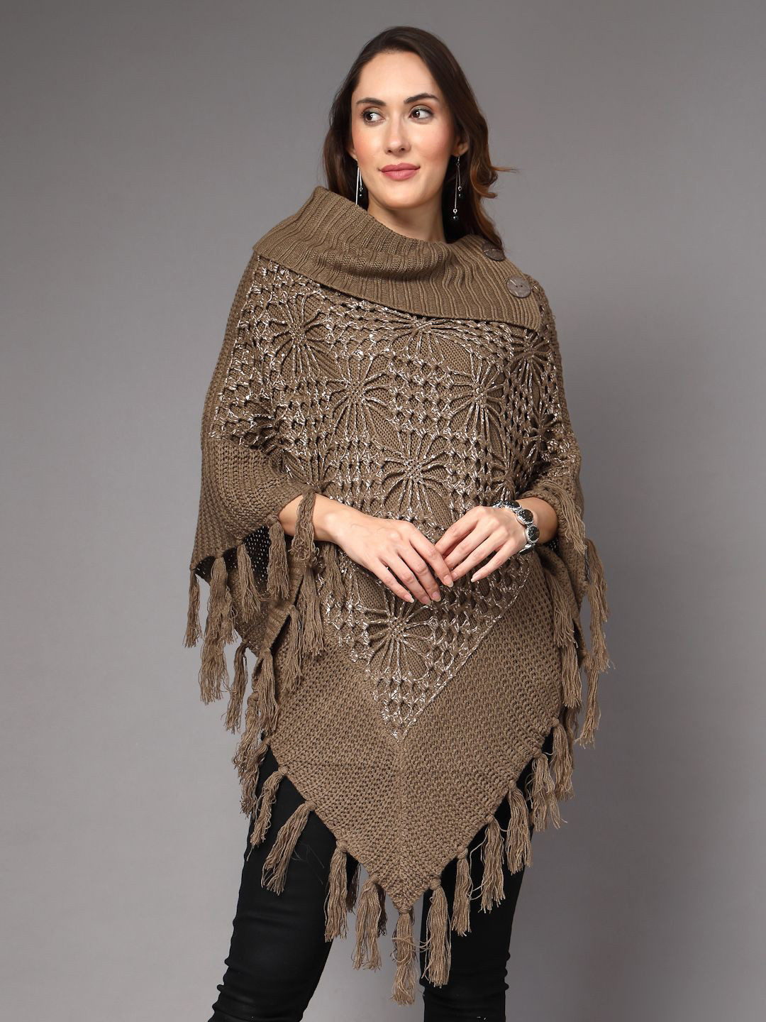 Mafadeny Cowl Neck Crochet  Button & Fringe Trim Poncho