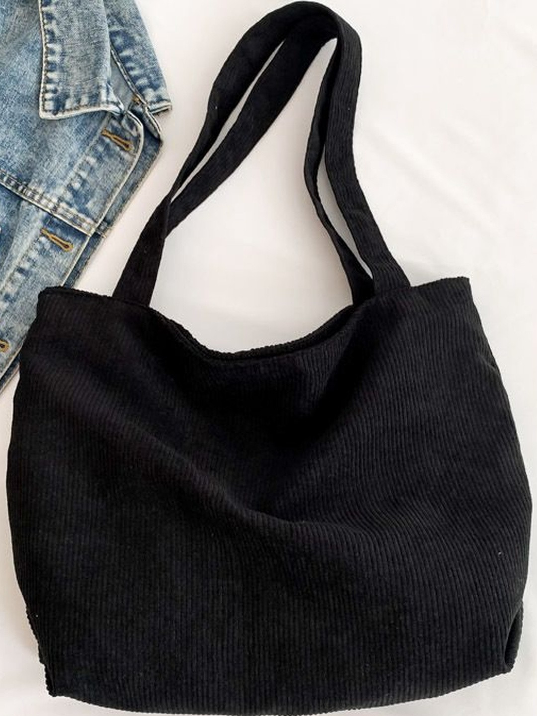 CORSICA B Black Corduroy Tote Bag