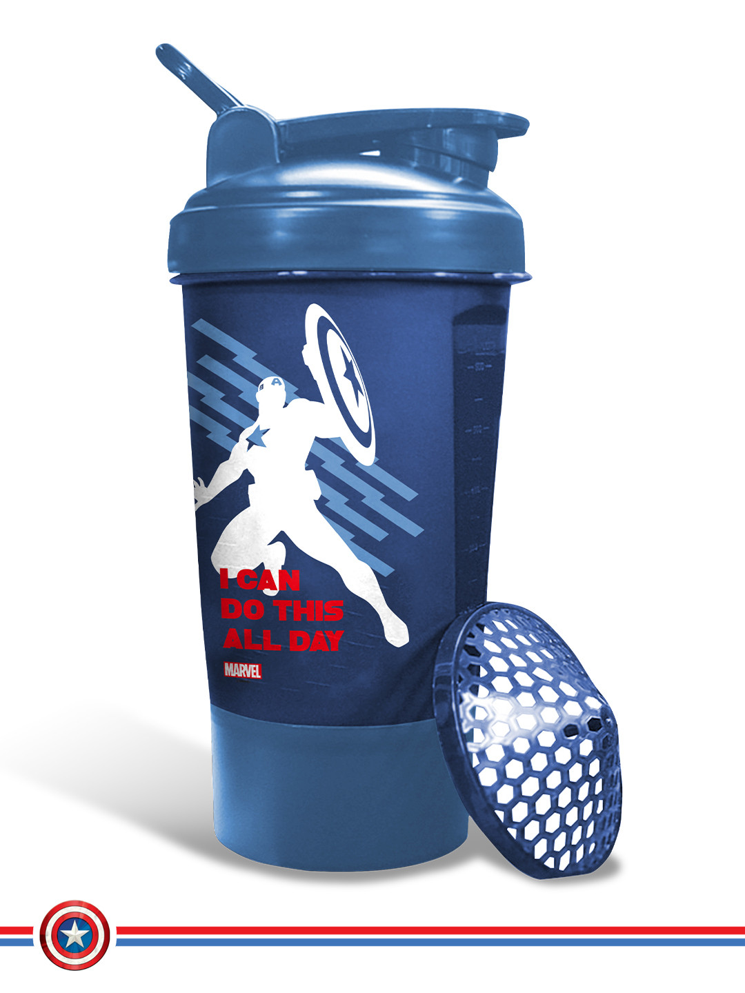 PowerMax Fitness Blue Captain America Marvel Edition Protein Shaker Water Bottle 600 ml