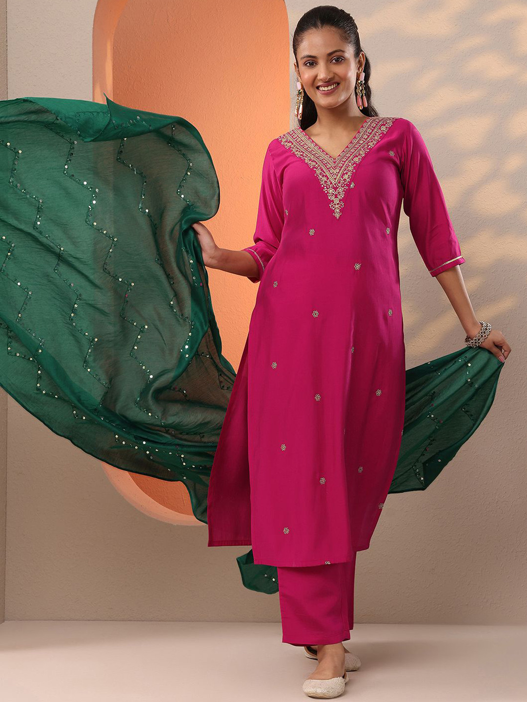 Gerua By Libas Women Ethnic Motifs Embroidered Kurta with Trouser & Dupatta
