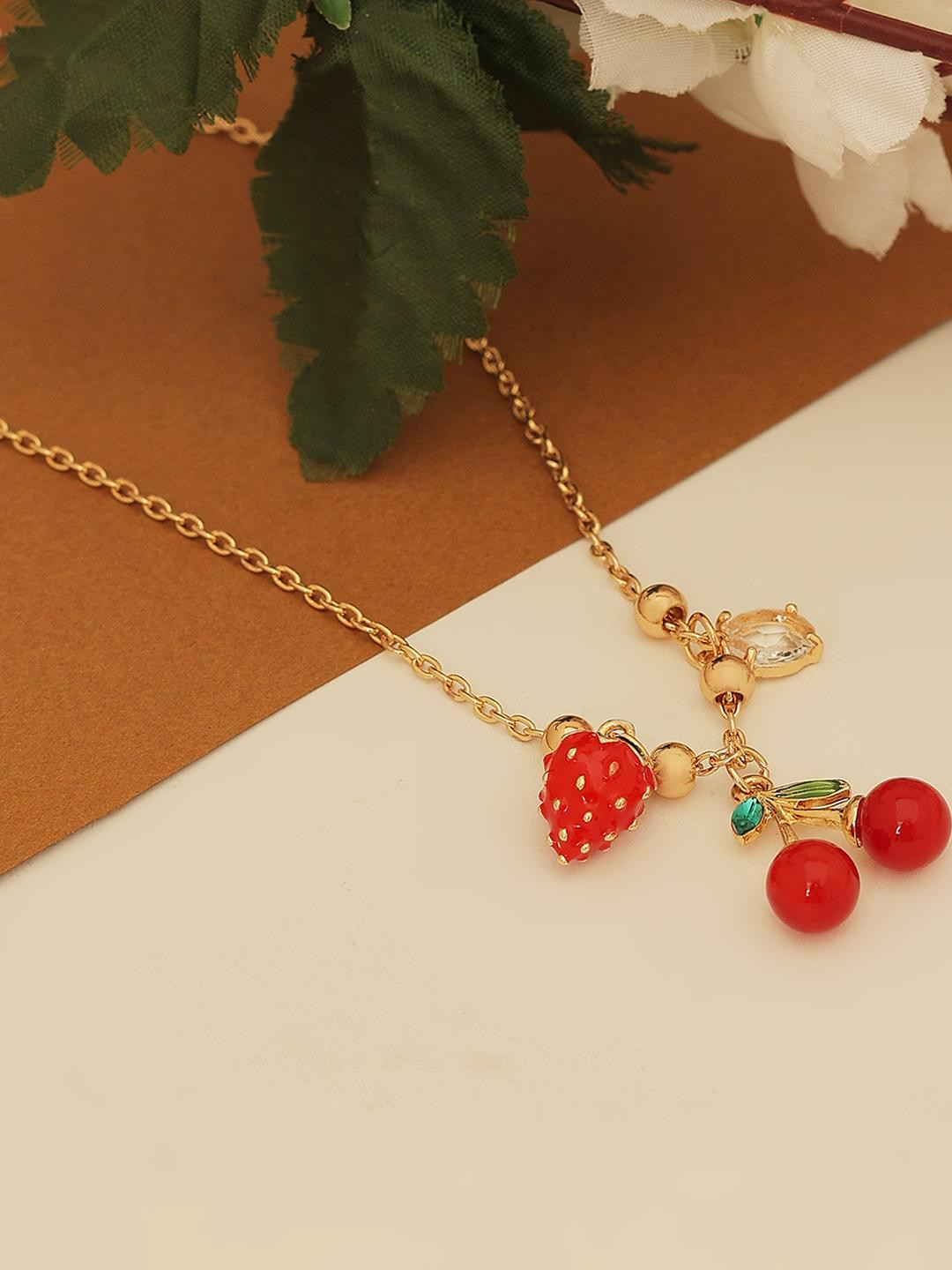 Beenth & Doneth Women Red Gold-Plated Strawberries and Cherries Chain