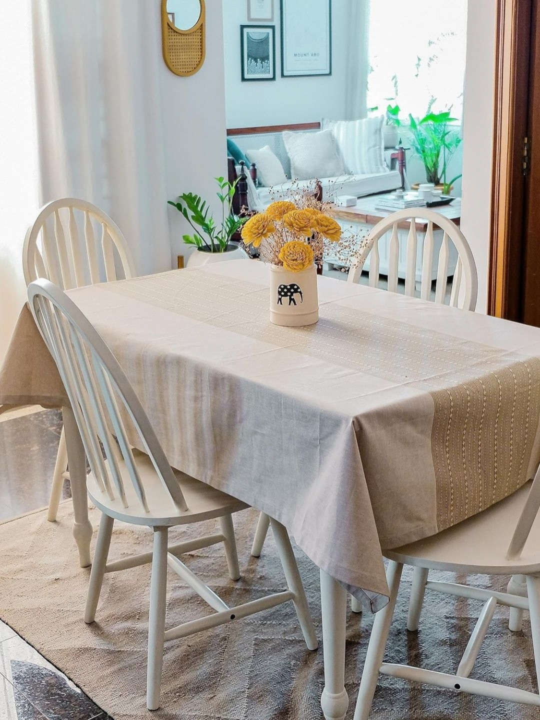 The Yard House Green Striped Anti-Skid Cotton 6-Seater Table Cover with Textured details