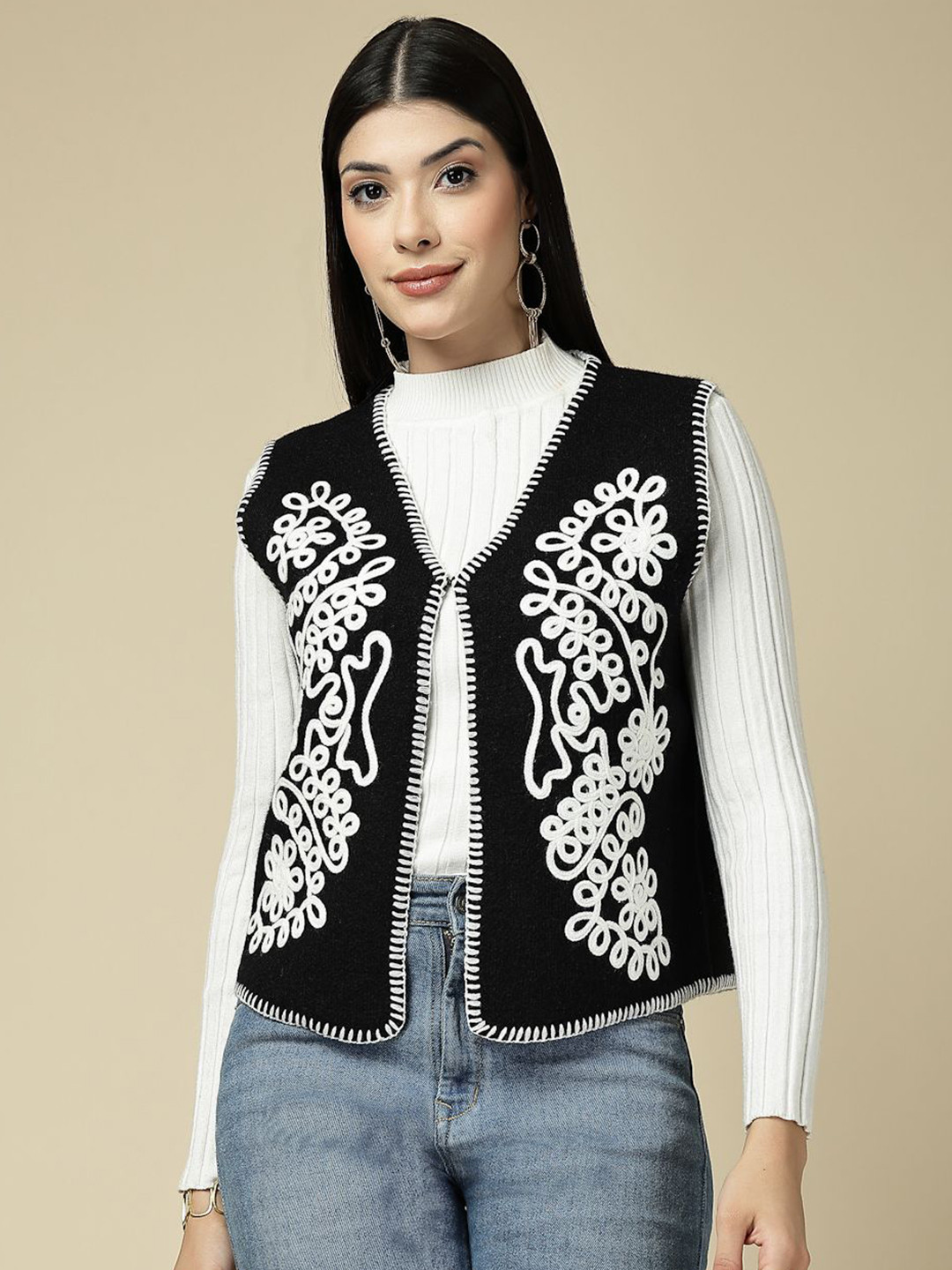 Mafadeny Women Floral Embroidered Front-Open Jacket With Top