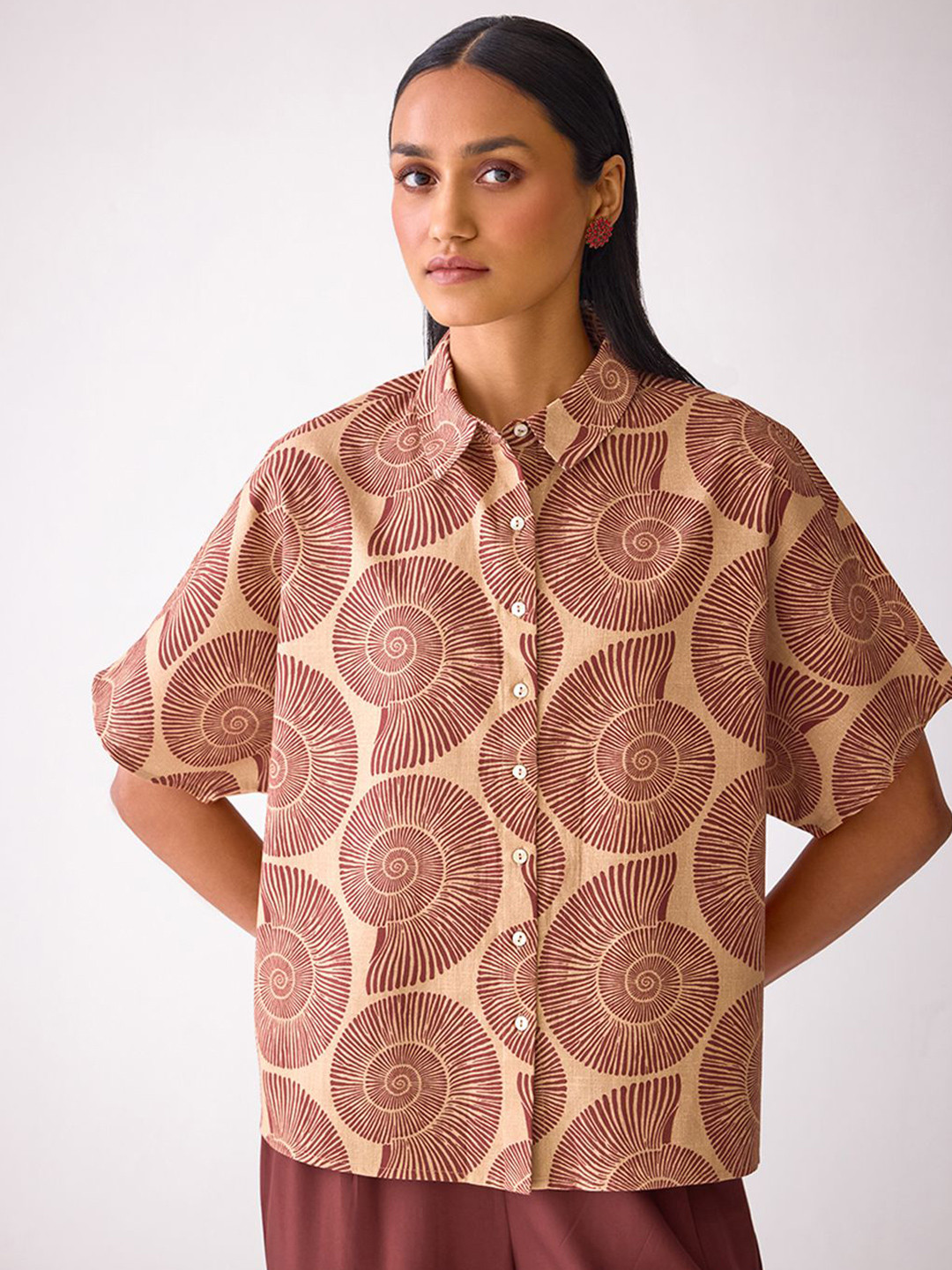 Ancestry Abstract Printed Extended Sleeves Cotton Shirt Style Top