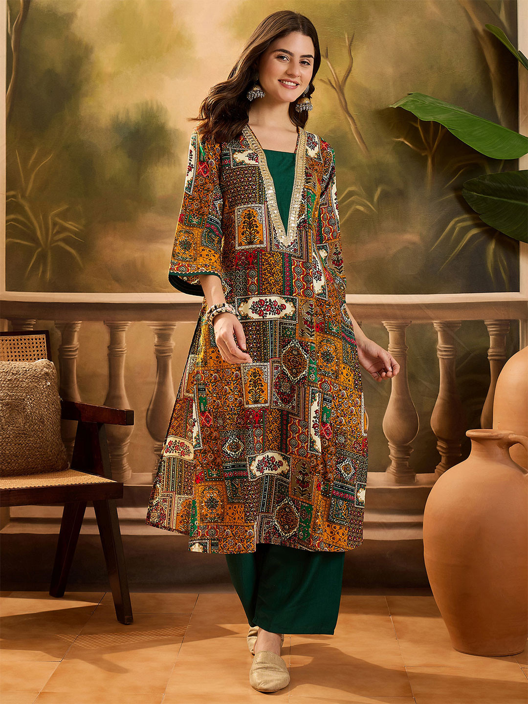 Sangria Women Batik Print & Embroidered Straight Long Kurta