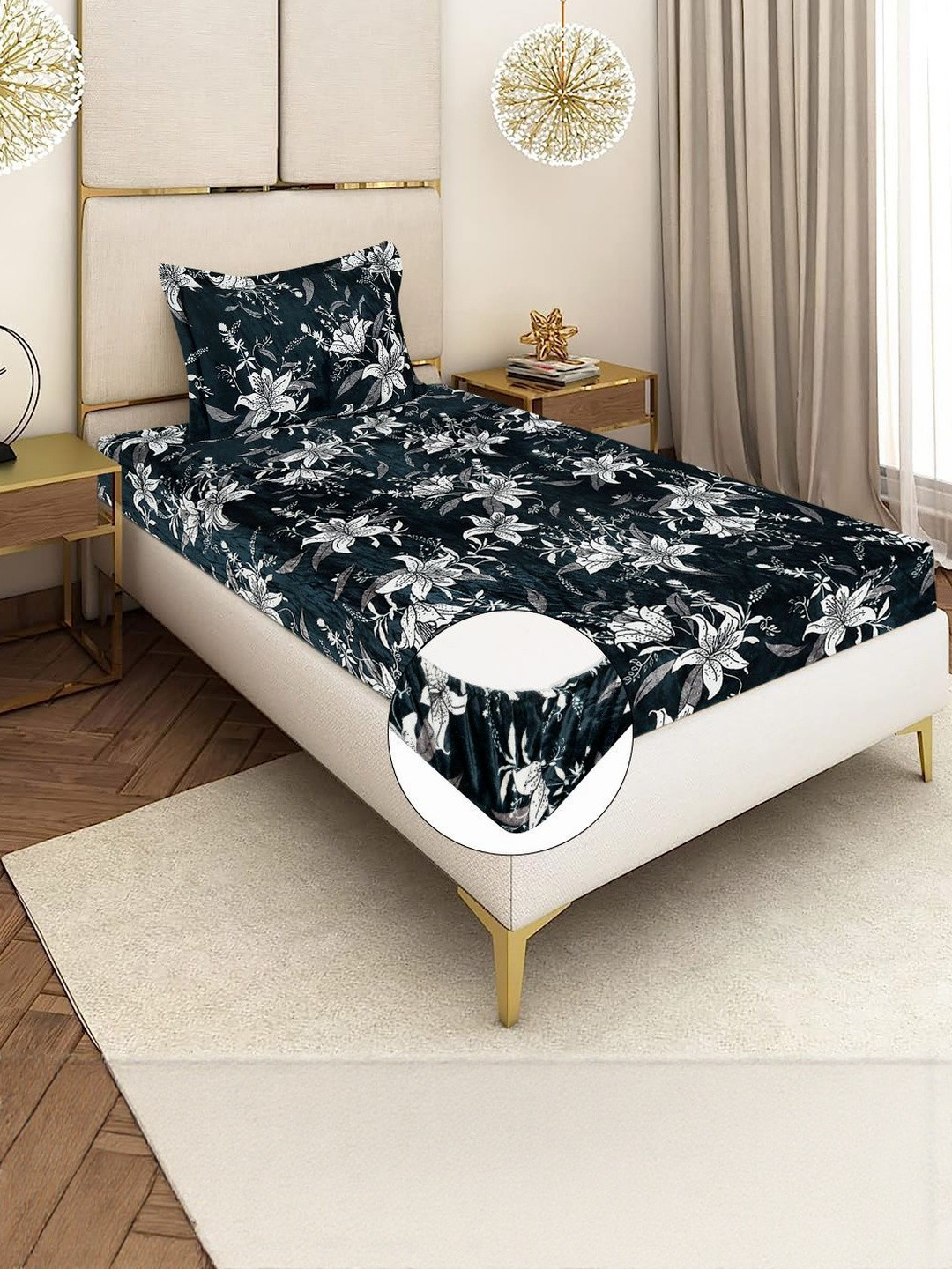REALDREAM Navy Blue & White Floral 300 TC Velvet Single Bedsheet With 1 Pillow Cover