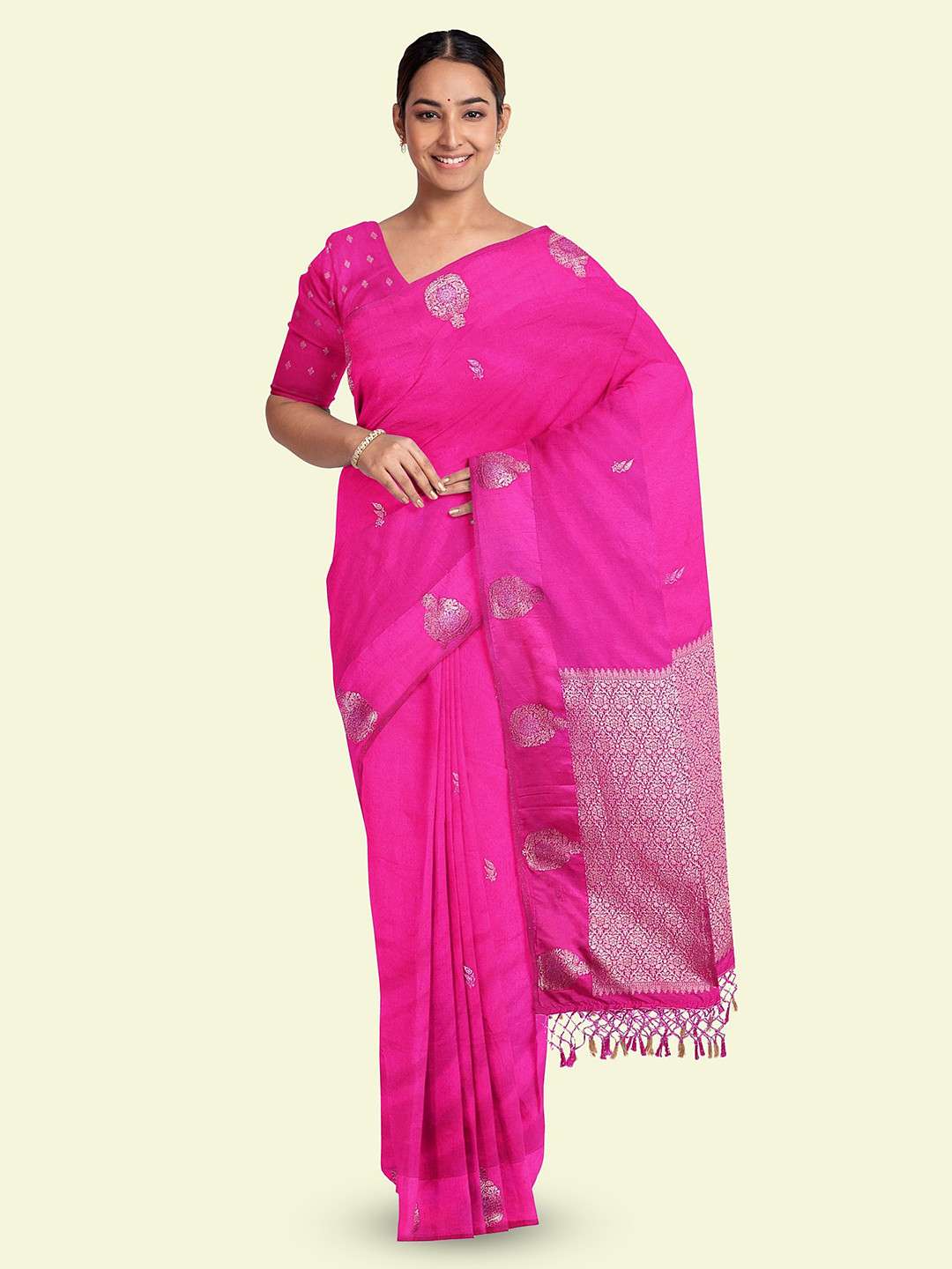 The Chennai Silks Floral Woven Design Zari Dola Silk Banarasi Saree With Blouse Piece