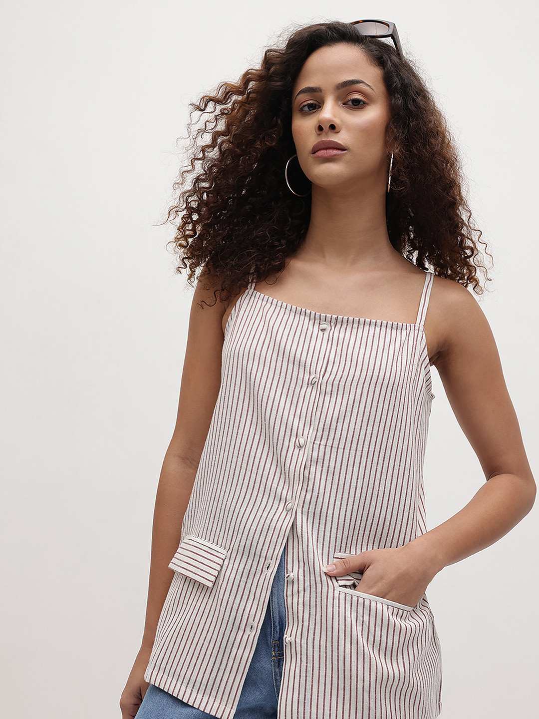 The Roadster Life Co. Vertically Striped Shoulder Straps Pure Cotton Button-Down Top