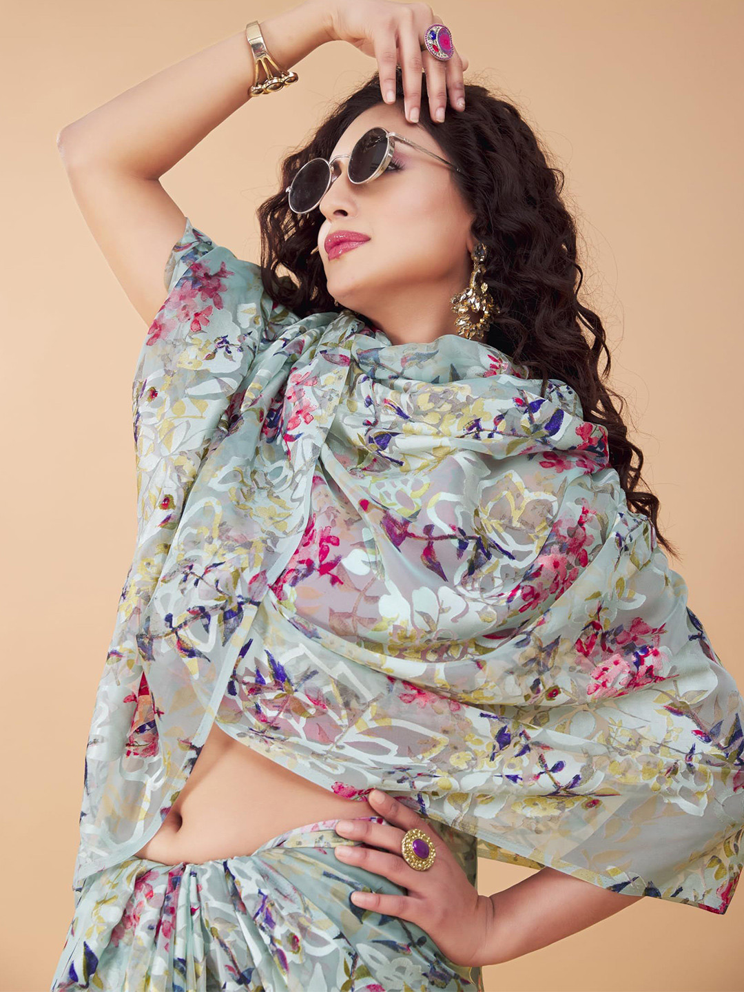 Garden Vareli Floral Printed Brasso Saree with Blouse Pieec