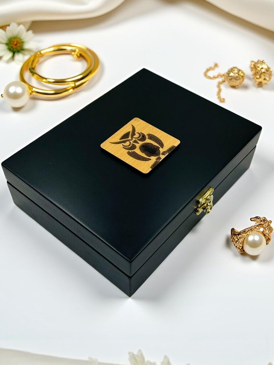 Angira Black Wooden Velvet Interior Storage Box