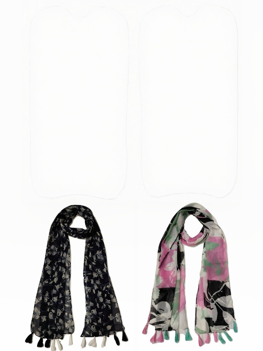 StoleVilla Pack Of 2 Floral Printed Tasseled Border Stoles